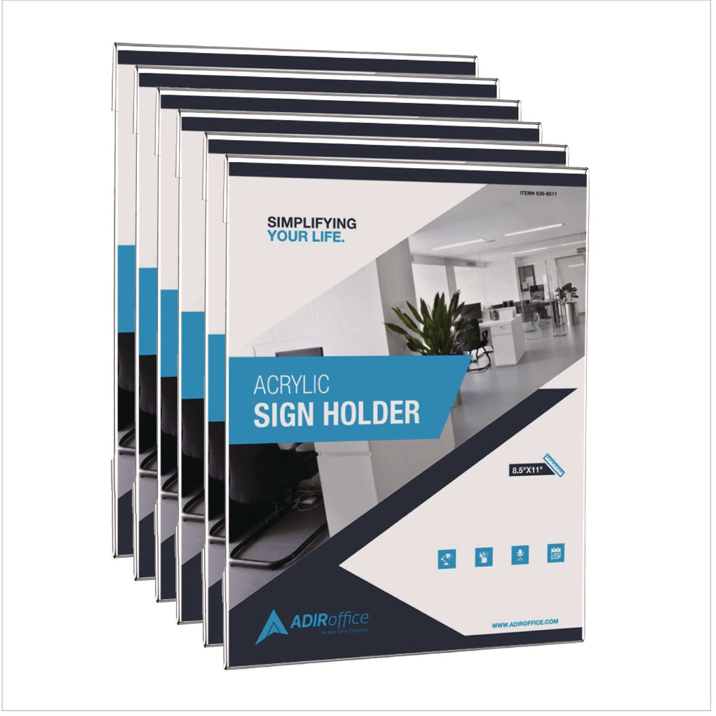 AdirOffice Wall Mount Side-Loading Acrylic Sign Holders, 8 x 11, Clear Frame, 6/Pack