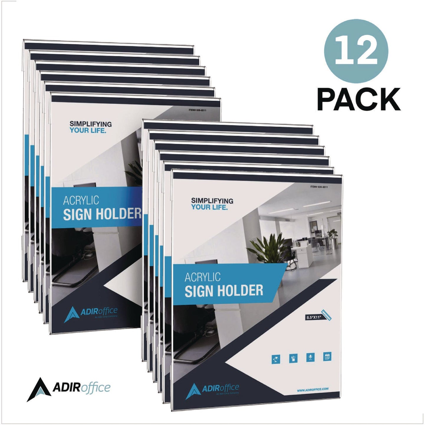 AdirOffice Wall Mount Side-Loading Acrylic Sign Holders, 8 x 11, Clear Frame, 12/Pack