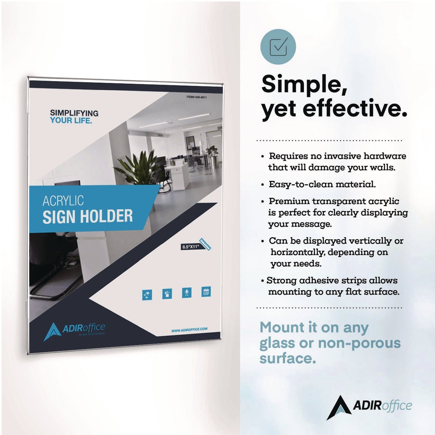AdirOffice Wall Mount Side-Loading Acrylic Sign Holders, 8 x 11, Clear Frame, 12/Pack