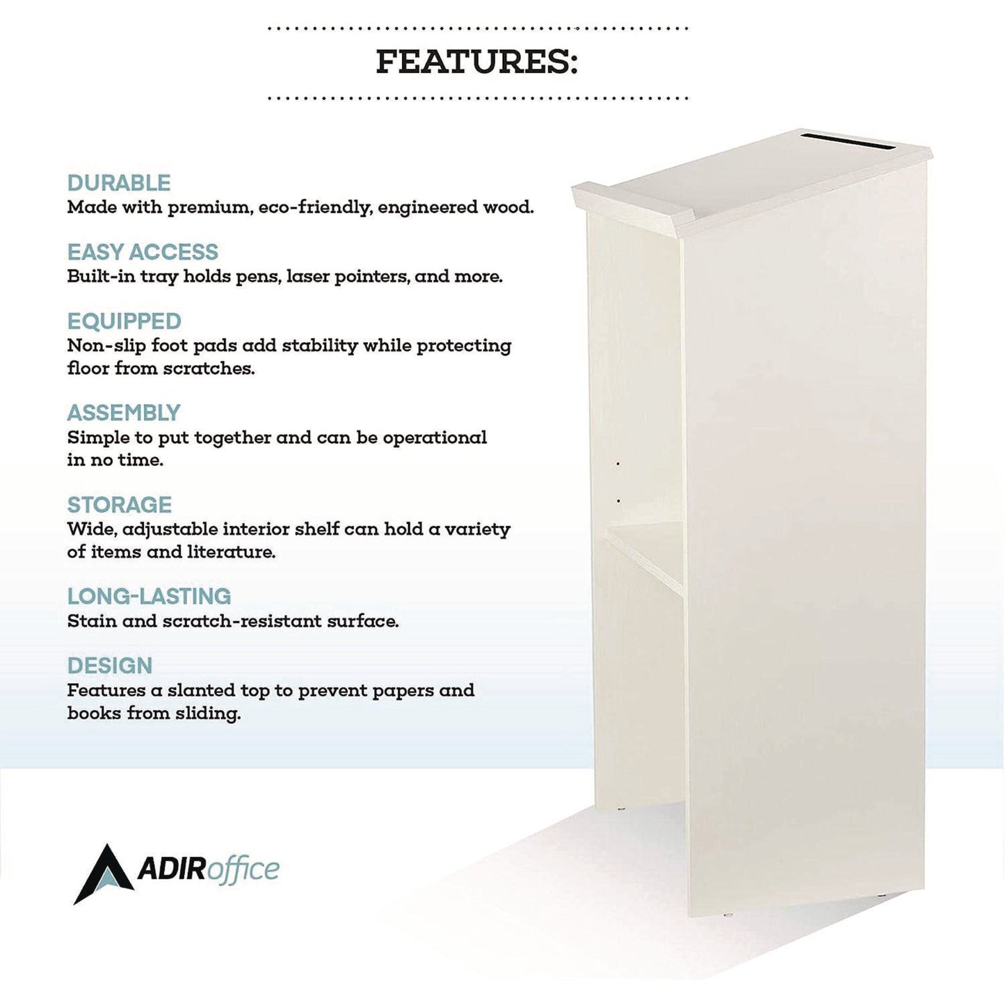 AdirOffice Wood Stand-up Podium Lectern Speaker Stand, 23 x 15 x 45.8, White