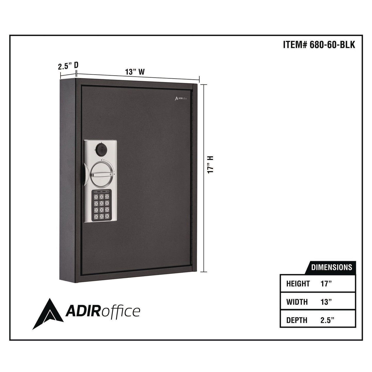 AdirOffice Steel Digital Lock Key Cabinet, 60-Key, 13 x 2.6 x 17, Stainless Steel 304, Black
