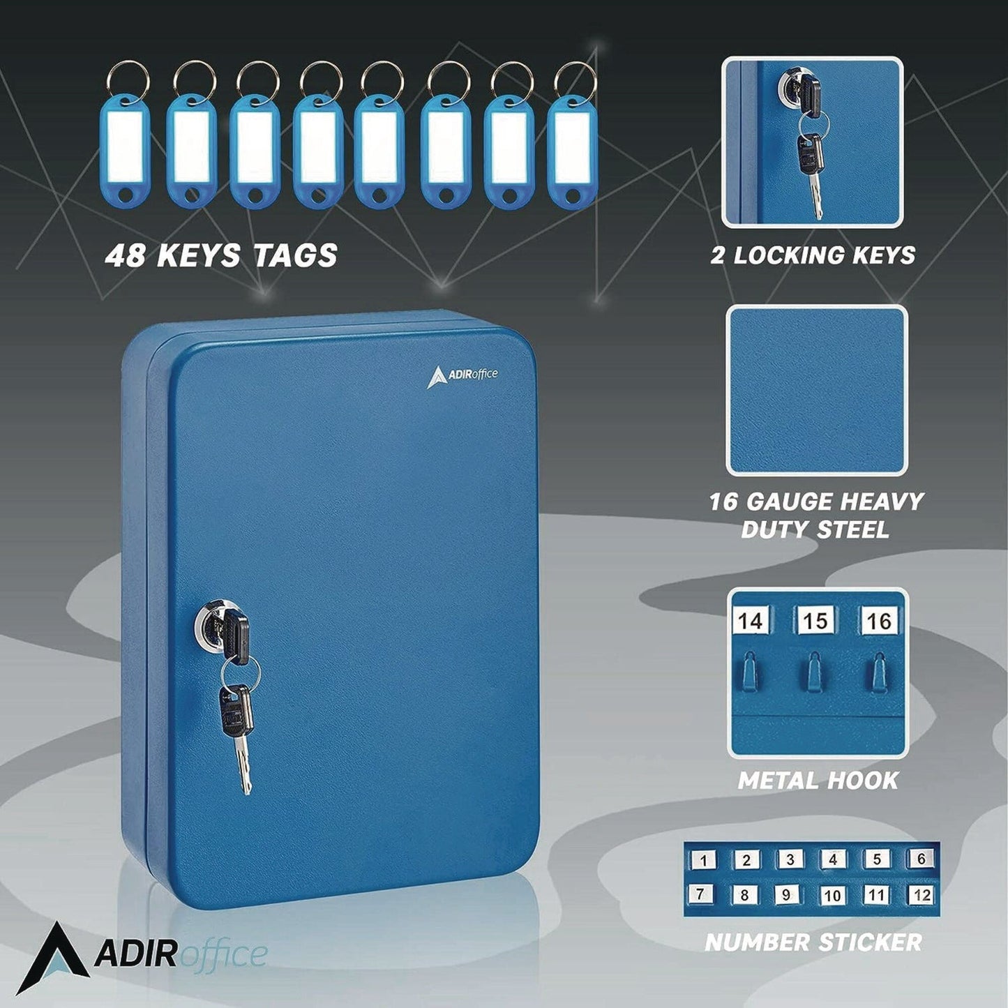 AdirOffice Steel Secure Key Cabinet with Key Lock, 48-Key, 7.1 x 3.1 x 10, Stainless Steel 304, Blue