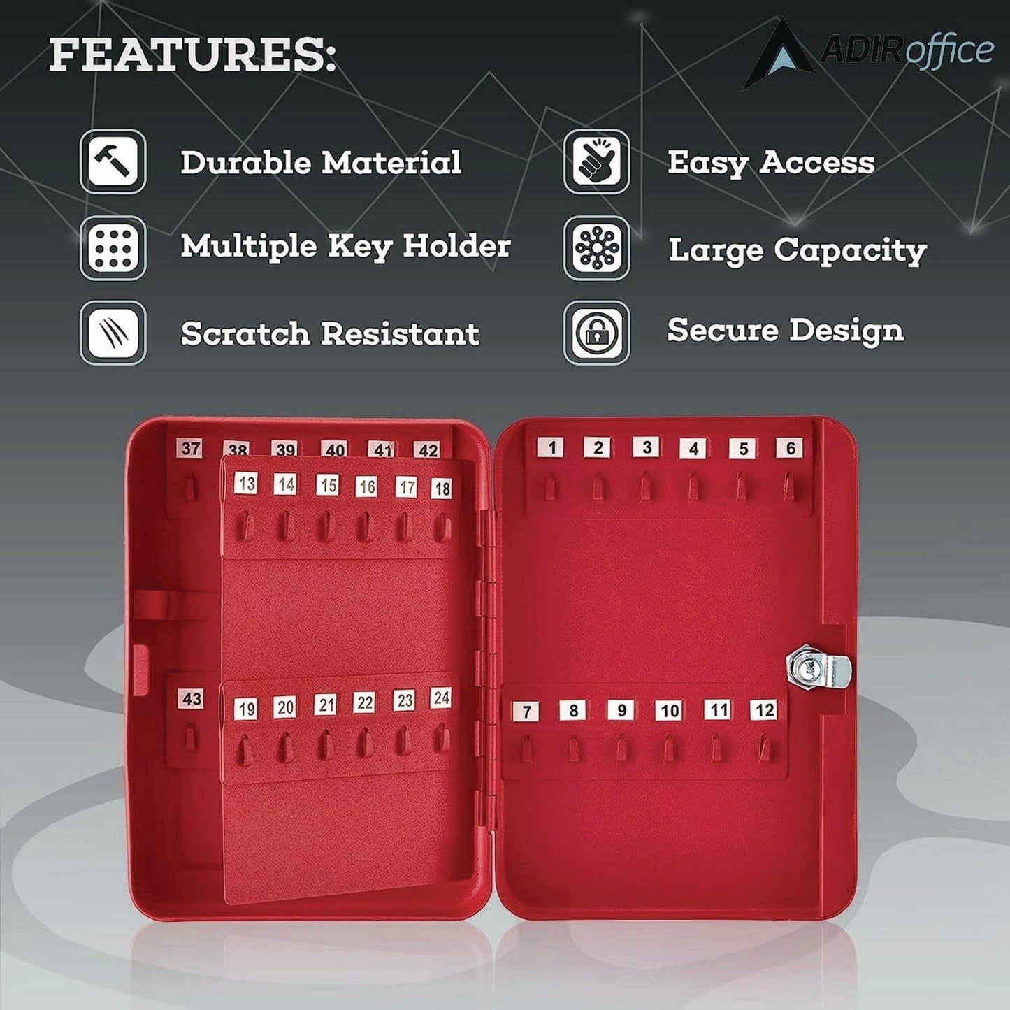 AdirOffice Steel Secure Key Cabinet with Key Lock, 48-Key, 7.1 x 3.1 x 10, Stainless Steel 304, Red