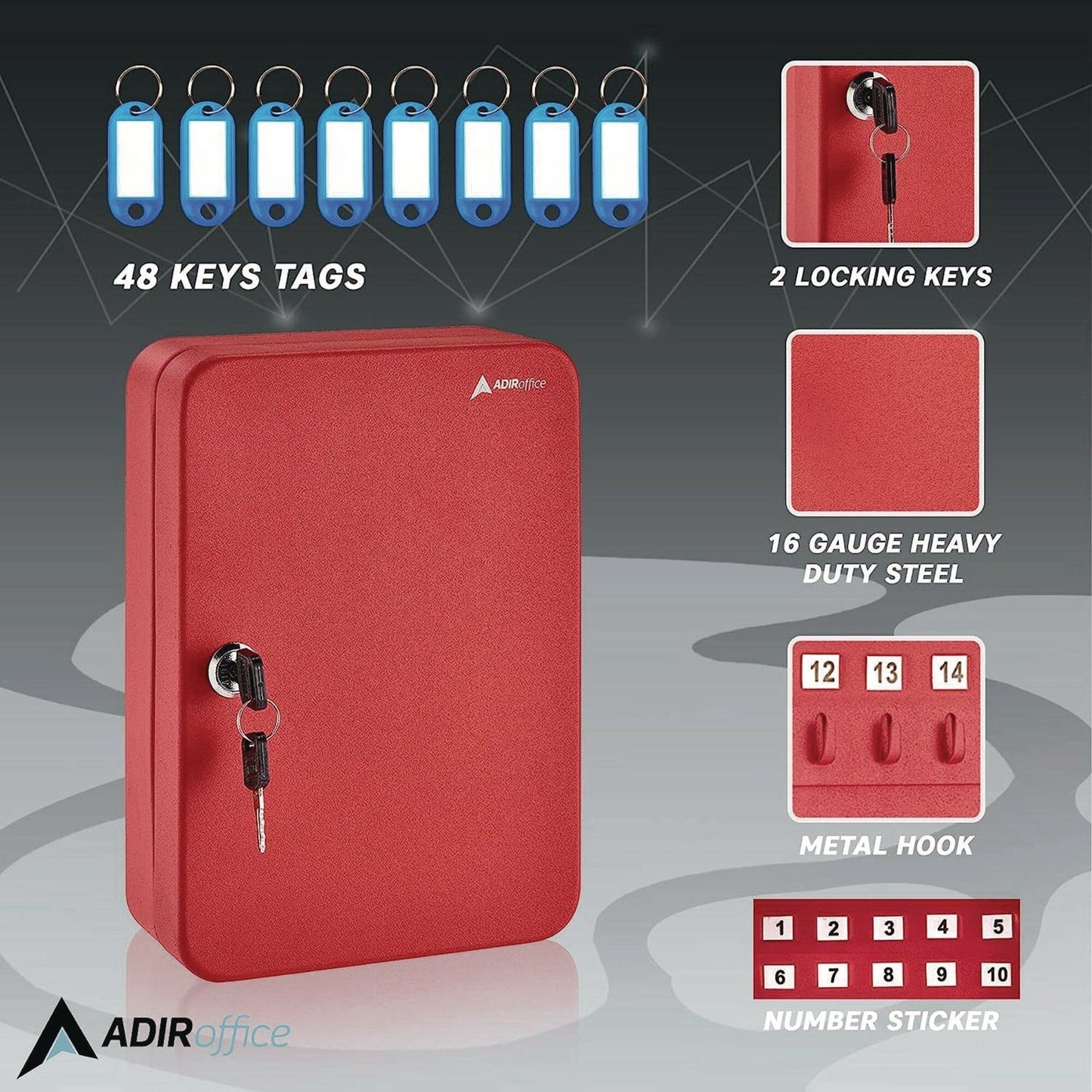 AdirOffice Steel Secure Key Cabinet with Key Lock, 48-Key, 7.1 x 3.1 x 10, Stainless Steel 304, Red