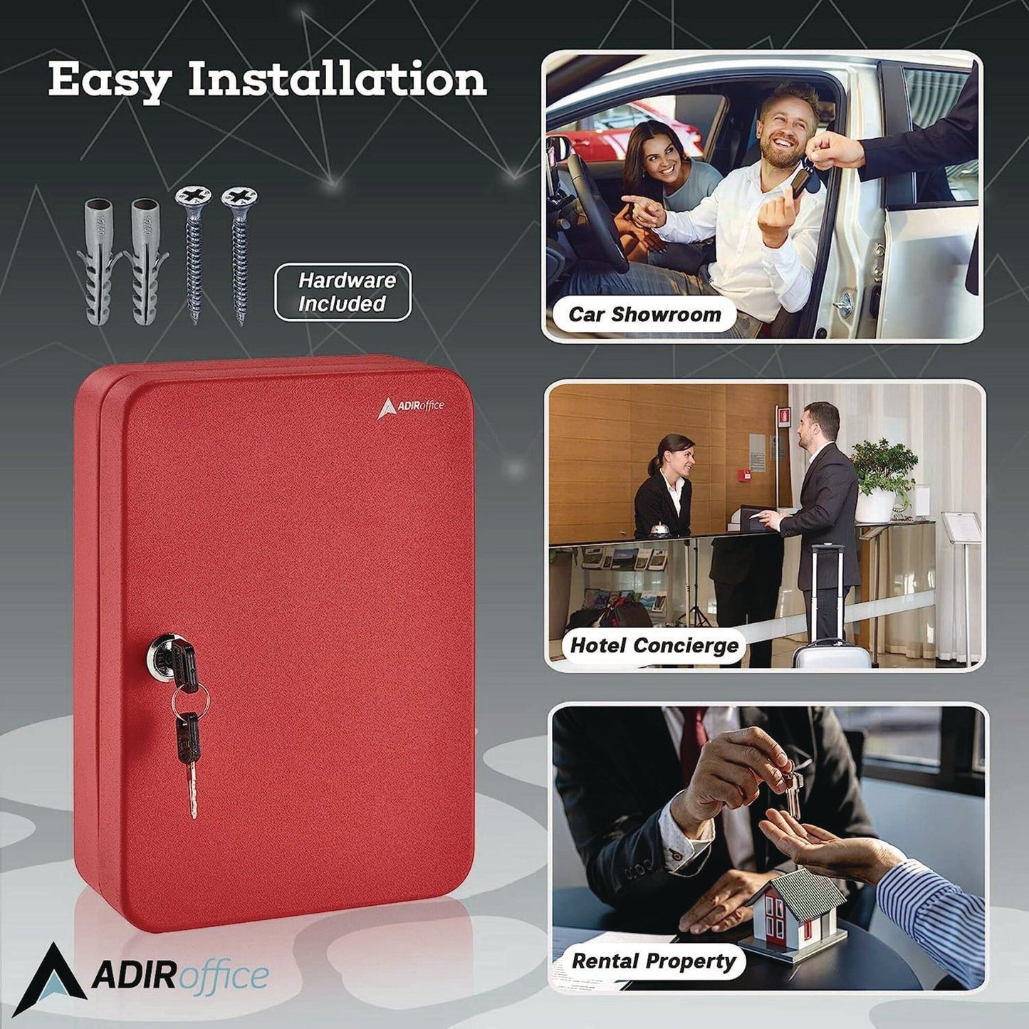 AdirOffice Steel Secure Key Cabinet with Key Lock, 48-Key, 7.1 x 3.1 x 10, Stainless Steel 304, Red