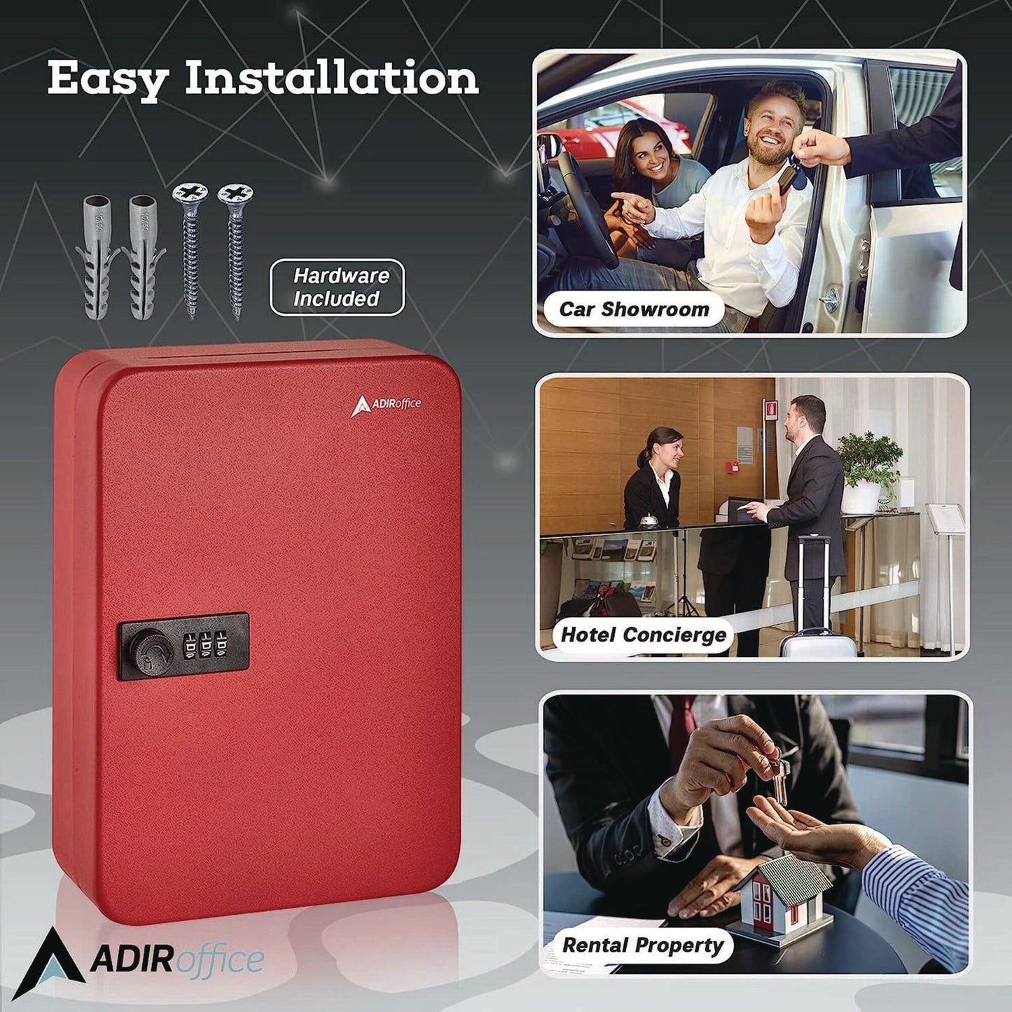 AdirOffice Steel Heavy-Duty Key Cabinet with Combination Lock, 48-Key, 7.1 x 3 x 10, Stainless Steel 304, Red