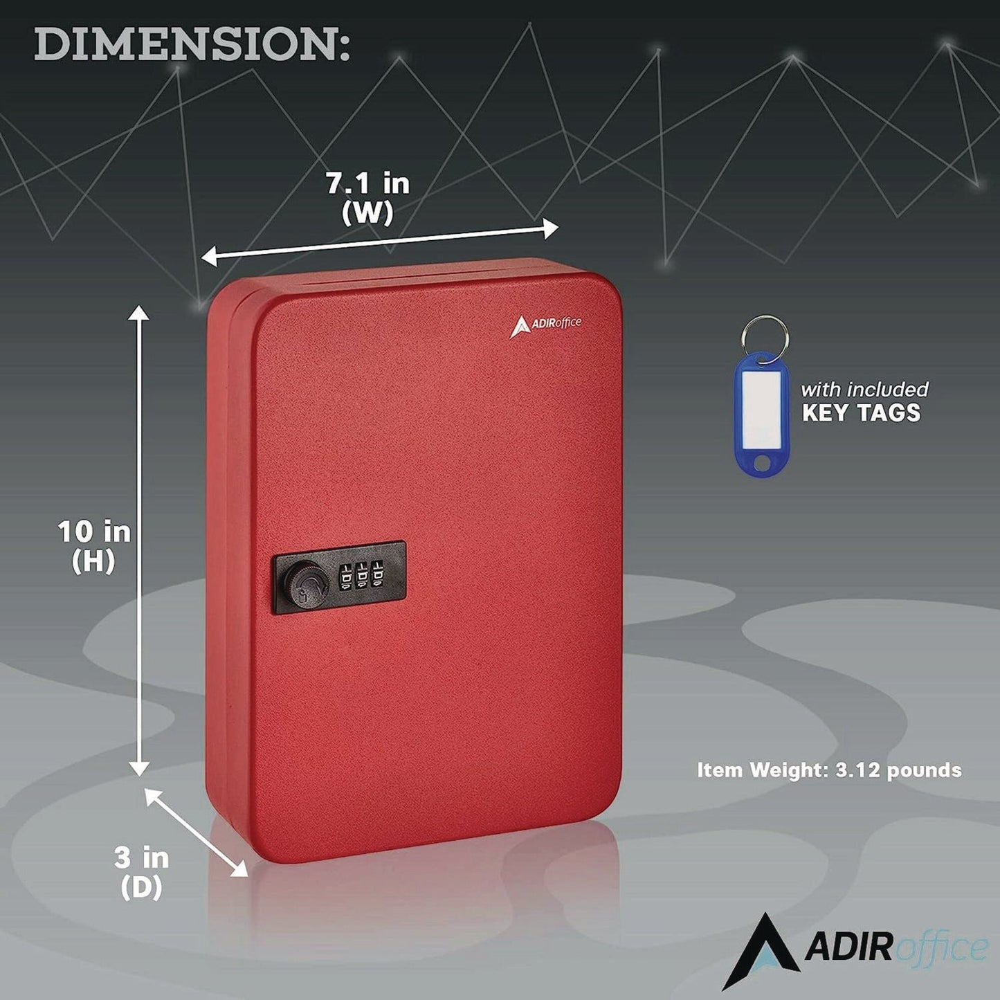 AdirOffice Steel Heavy-Duty Key Cabinet with Combination Lock, 48-Key, 7.1 x 3 x 10, Stainless Steel 304, Red