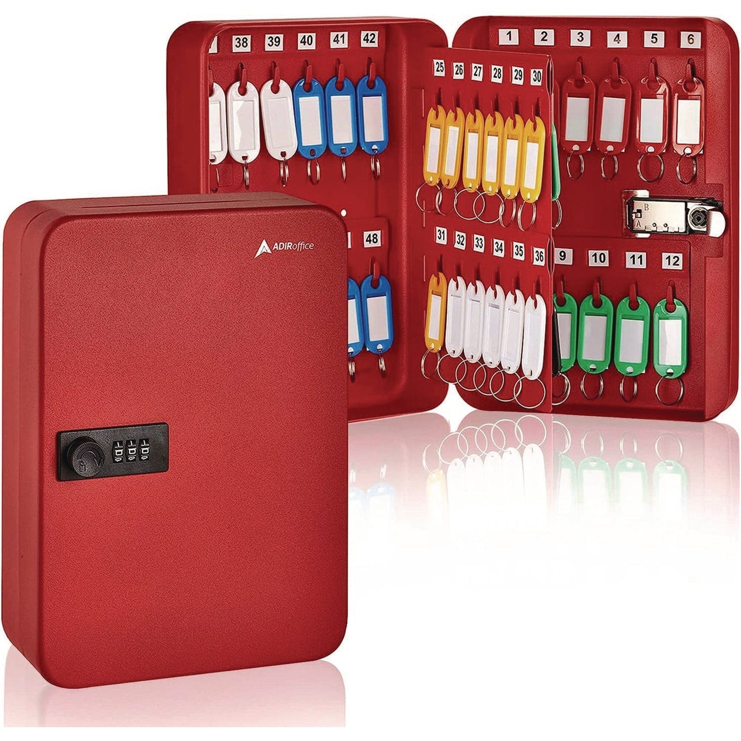 AdirOffice Steel Heavy-Duty Key Cabinet with Combination Lock, 48-Key, 7.1 x 3 x 10, Stainless Steel 304, Red