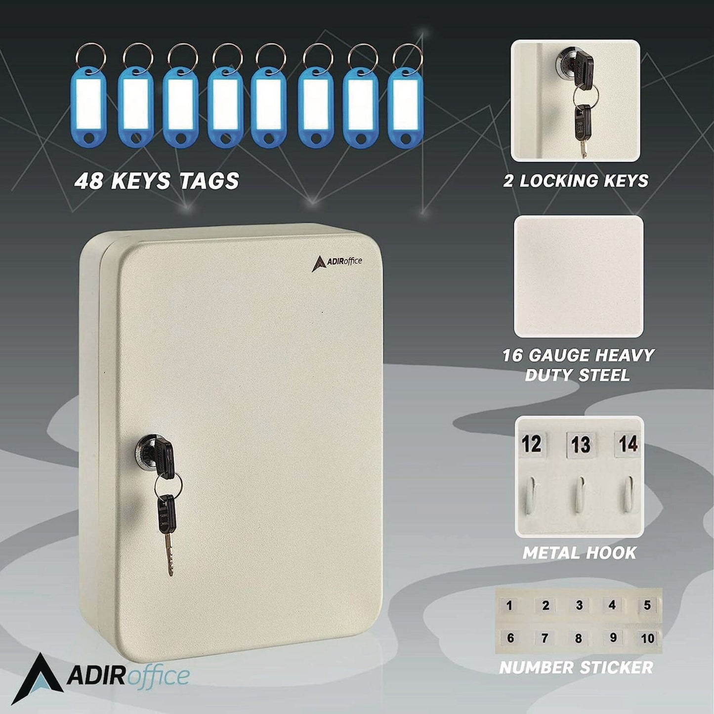 AdirOffice Steel Secure Key Cabinet with Key Lock, 48-Key, 7.1 x 3.1 x 10, Stainless Steel 304, White