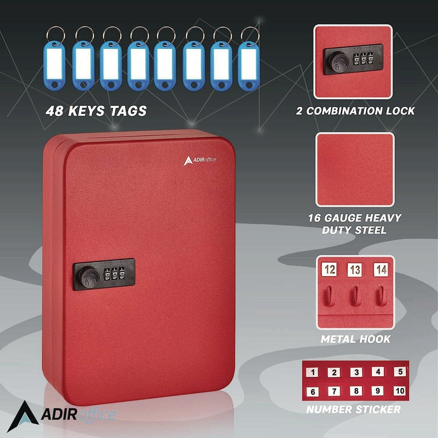 AdirOffice Steel Heavy-Duty Key Cabinet with Combination Lock, 48-Key, 7.1 x 3 x 10, Stainless Steel 304, Red