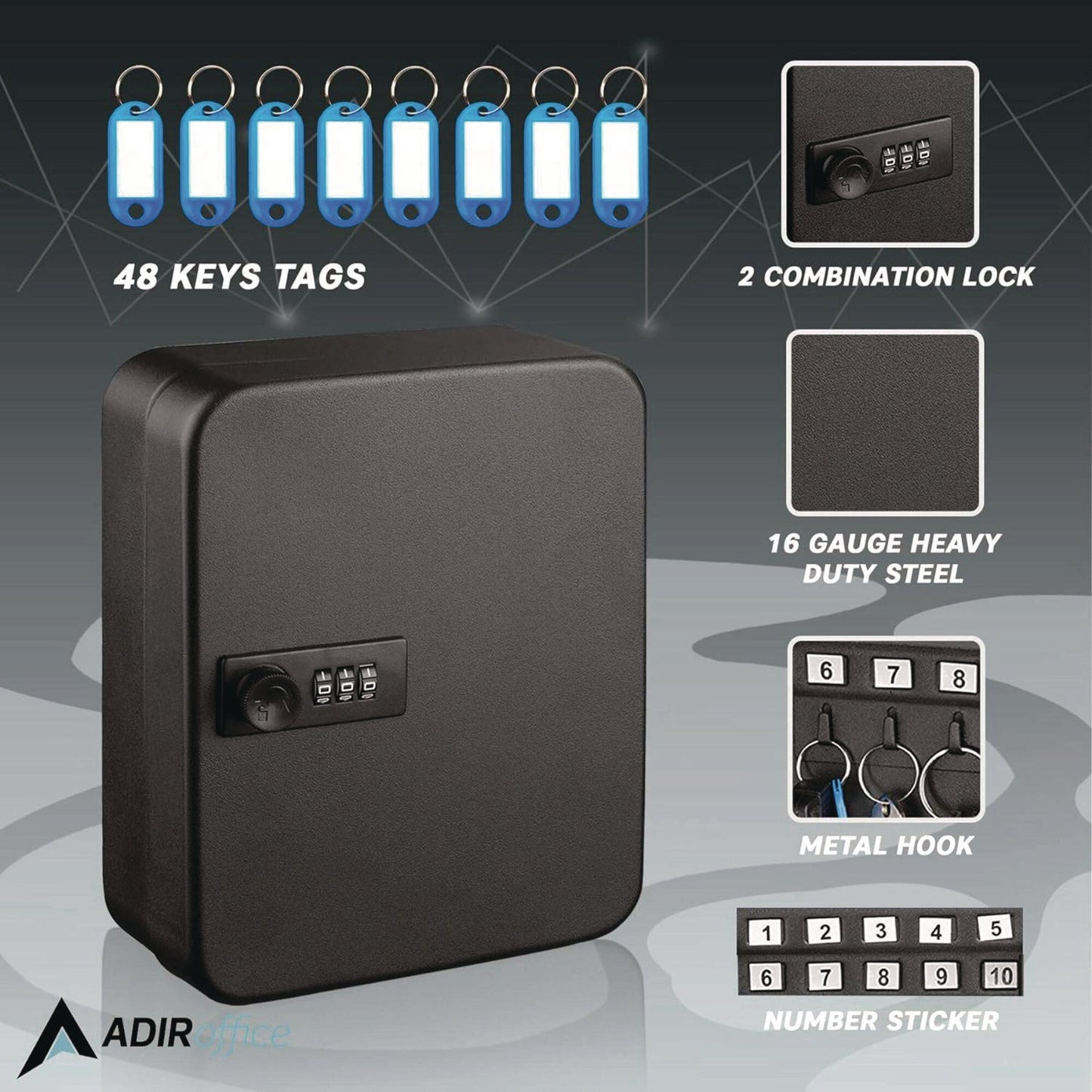 AdirOffice Steel Heavy-Duty Key Cabinet with Combination Lock, 30-Key, 6.4 x 3 x 8, Stainless Steel 304, Black