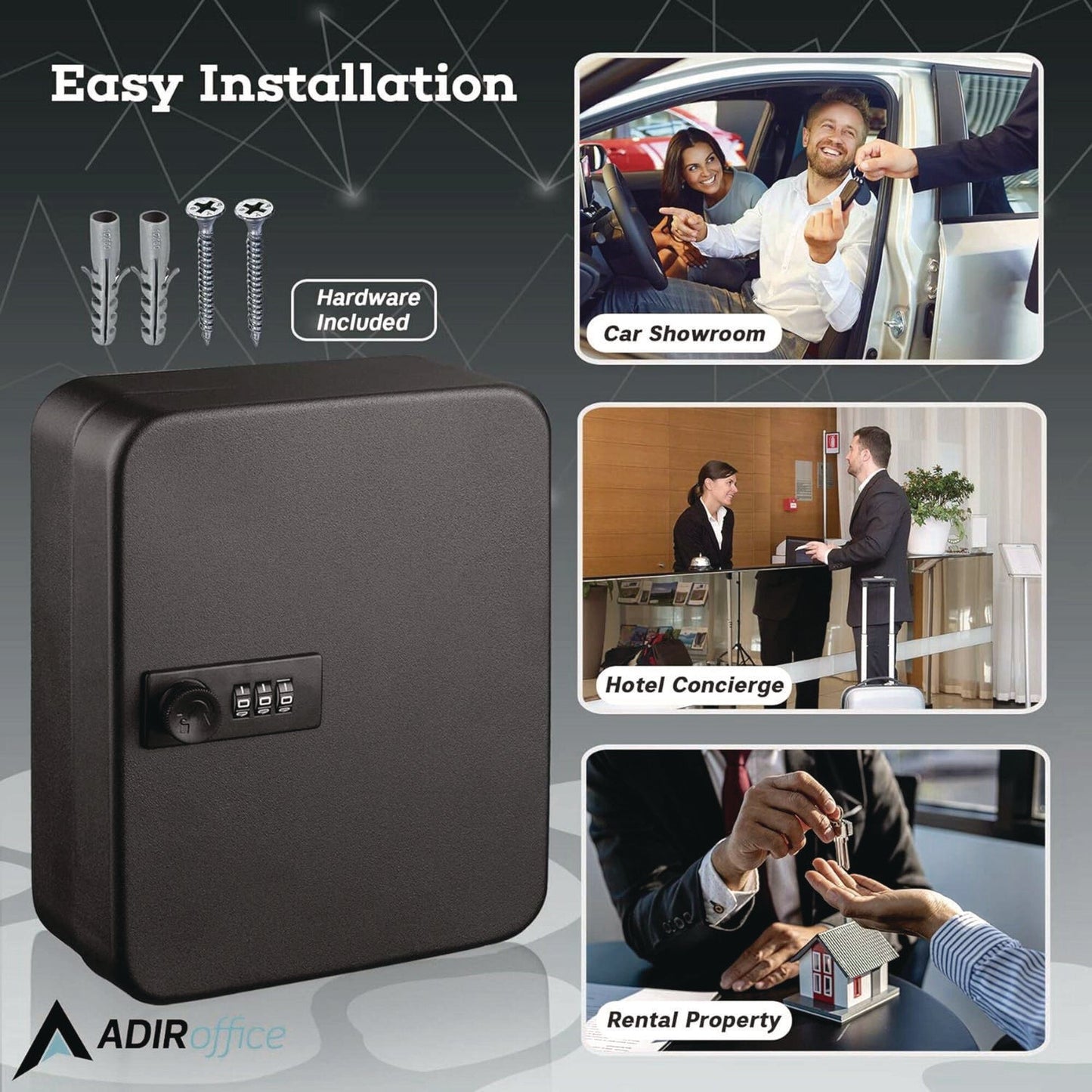 AdirOffice Steel Heavy-Duty Key Cabinet with Combination Lock, 30-Key, 6.4 x 3 x 8, Stainless Steel 304, Black