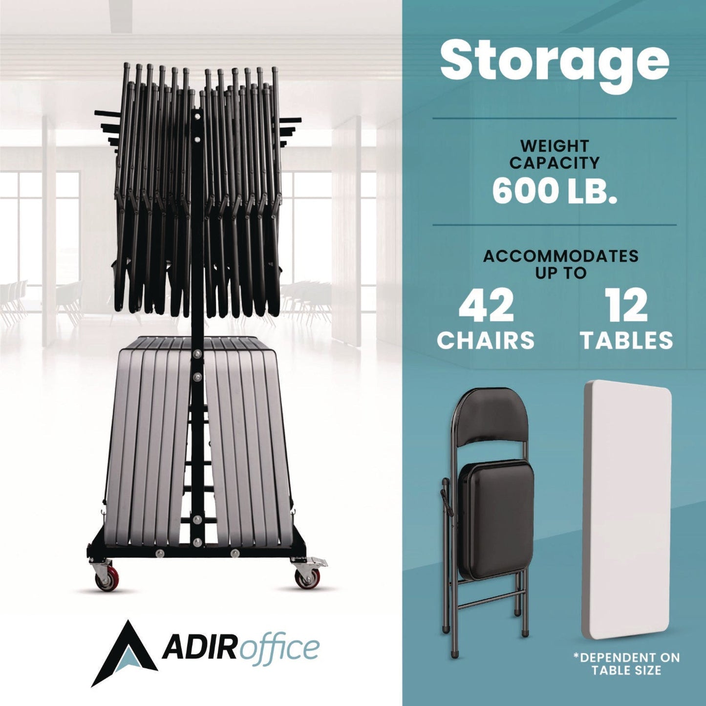AdirOffice Folding Chair and Table Combo Cart, Metal, 600 lb Capacity, 33.7 x 65 x 67, Black