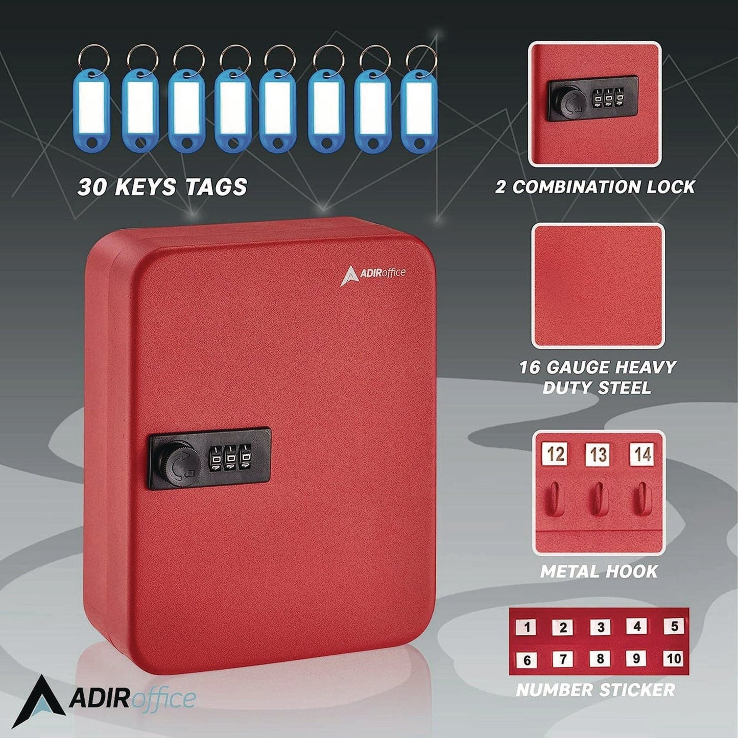 AdirOffice Steel Heavy-Duty Key Cabinet with Combination Lock, 30-Key, 6.4 x 3 x 8, Stainless Steel 304, Red