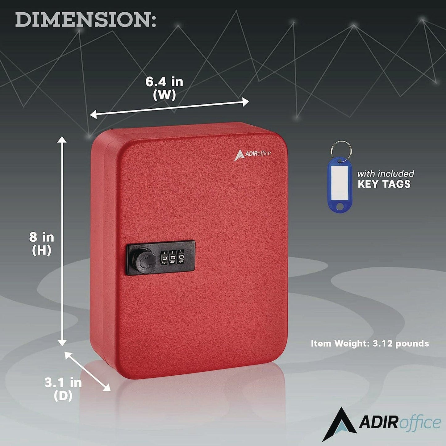 AdirOffice Steel Heavy-Duty Key Cabinet with Combination Lock, 30-Key, 6.4 x 3 x 8, Stainless Steel 304, Red