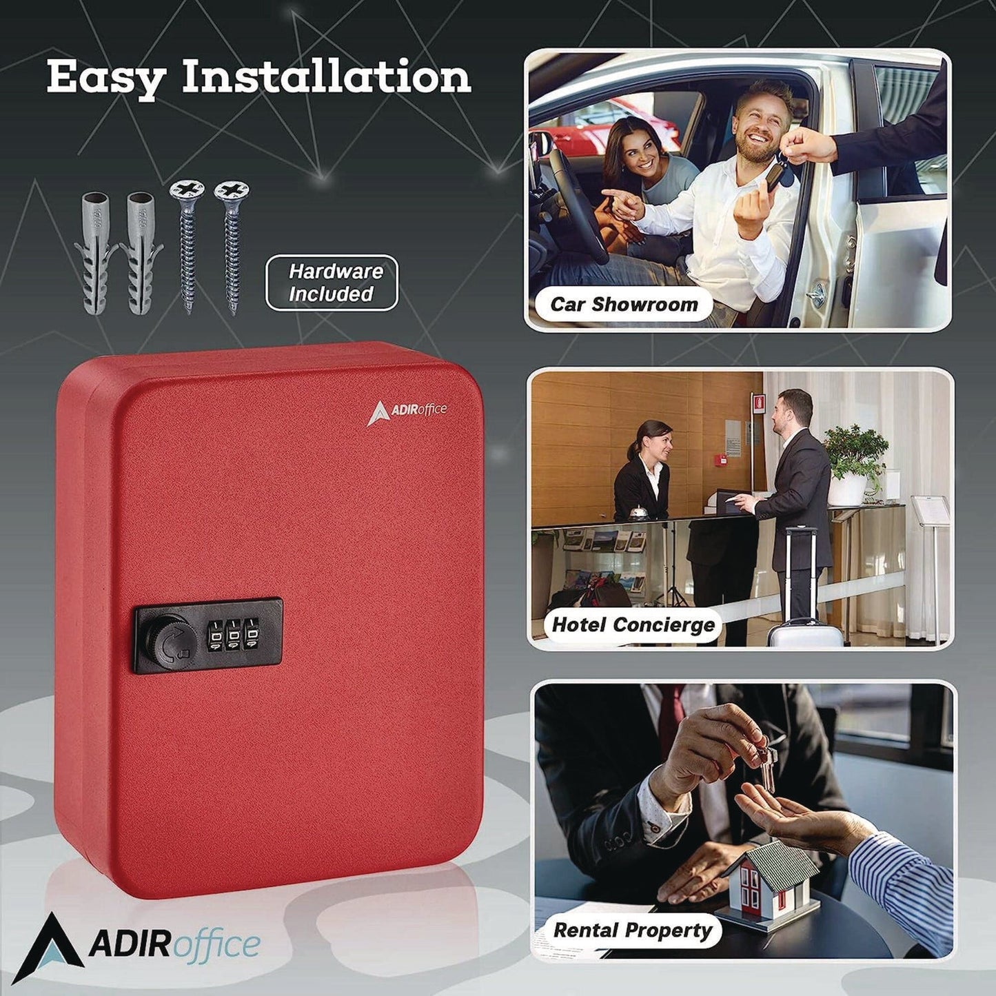 AdirOffice Steel Heavy-Duty Key Cabinet with Combination Lock, 30-Key, 6.4 x 3 x 8, Stainless Steel 304, Red