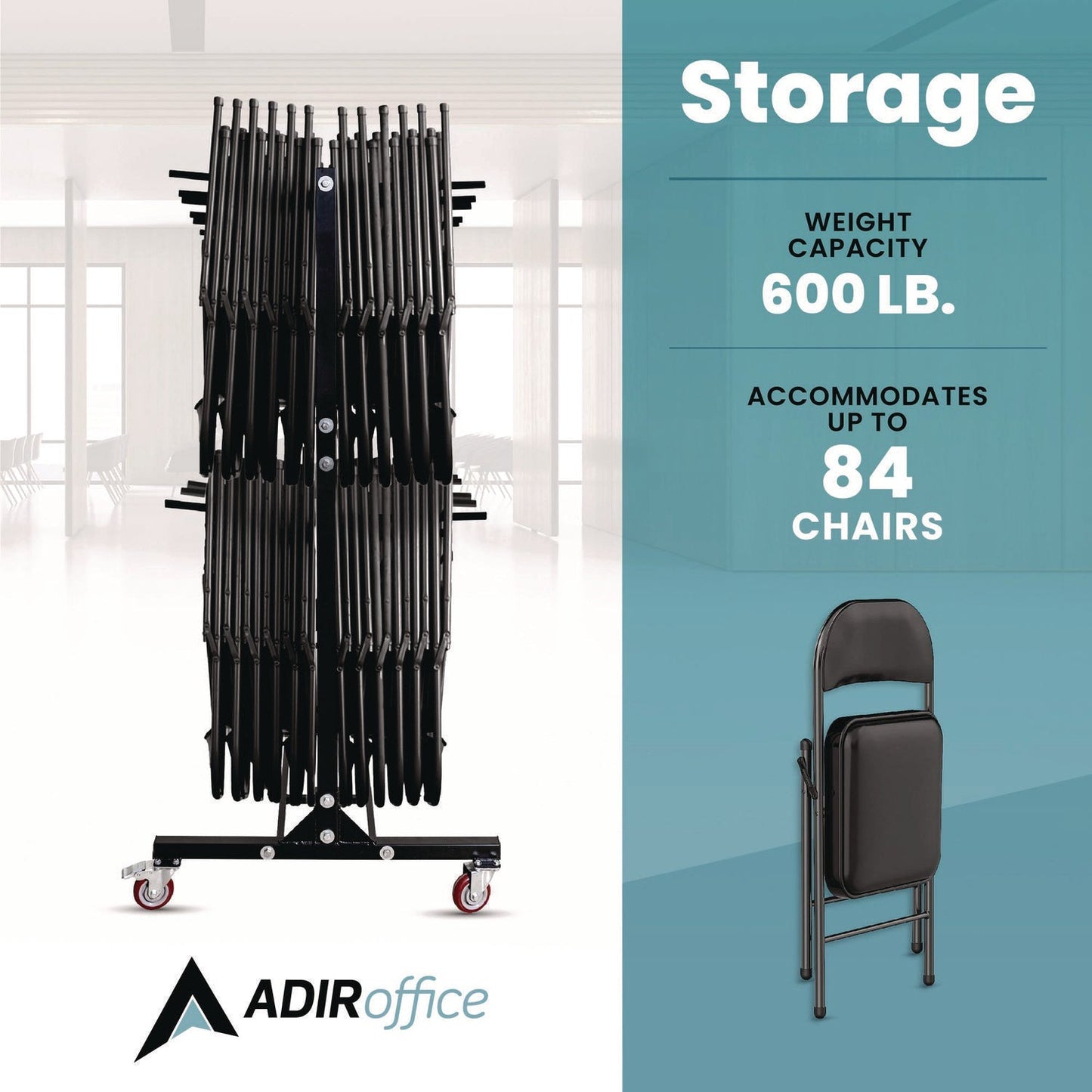 AdirOffice Steel Folding Chair Two-Tier Utility Cart, Metal, 1,000 lb Capacity, 33 x 65 x 68.5, Black