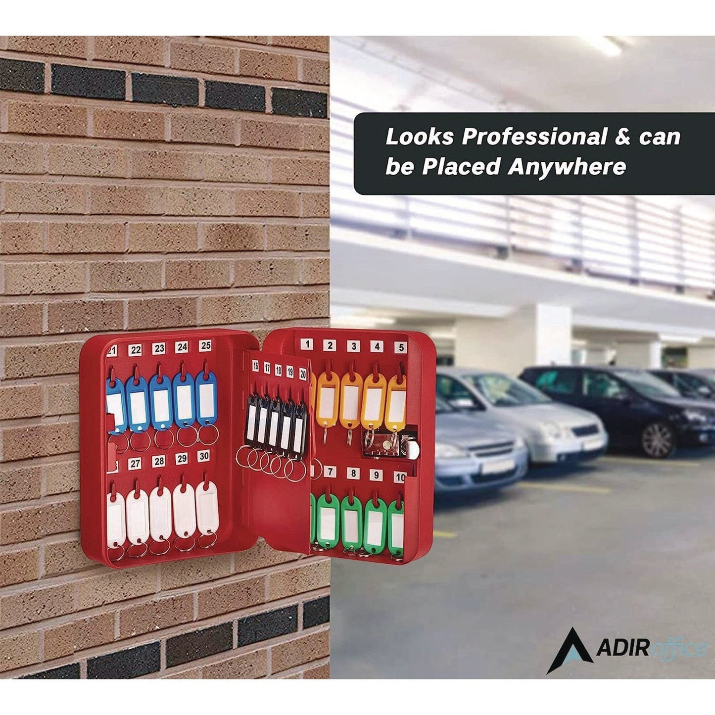 AdirOffice Steel Heavy-Duty Key Cabinet with Combination Lock, 30-Key, 6.4 x 3 x 8, Stainless Steel 304, Red