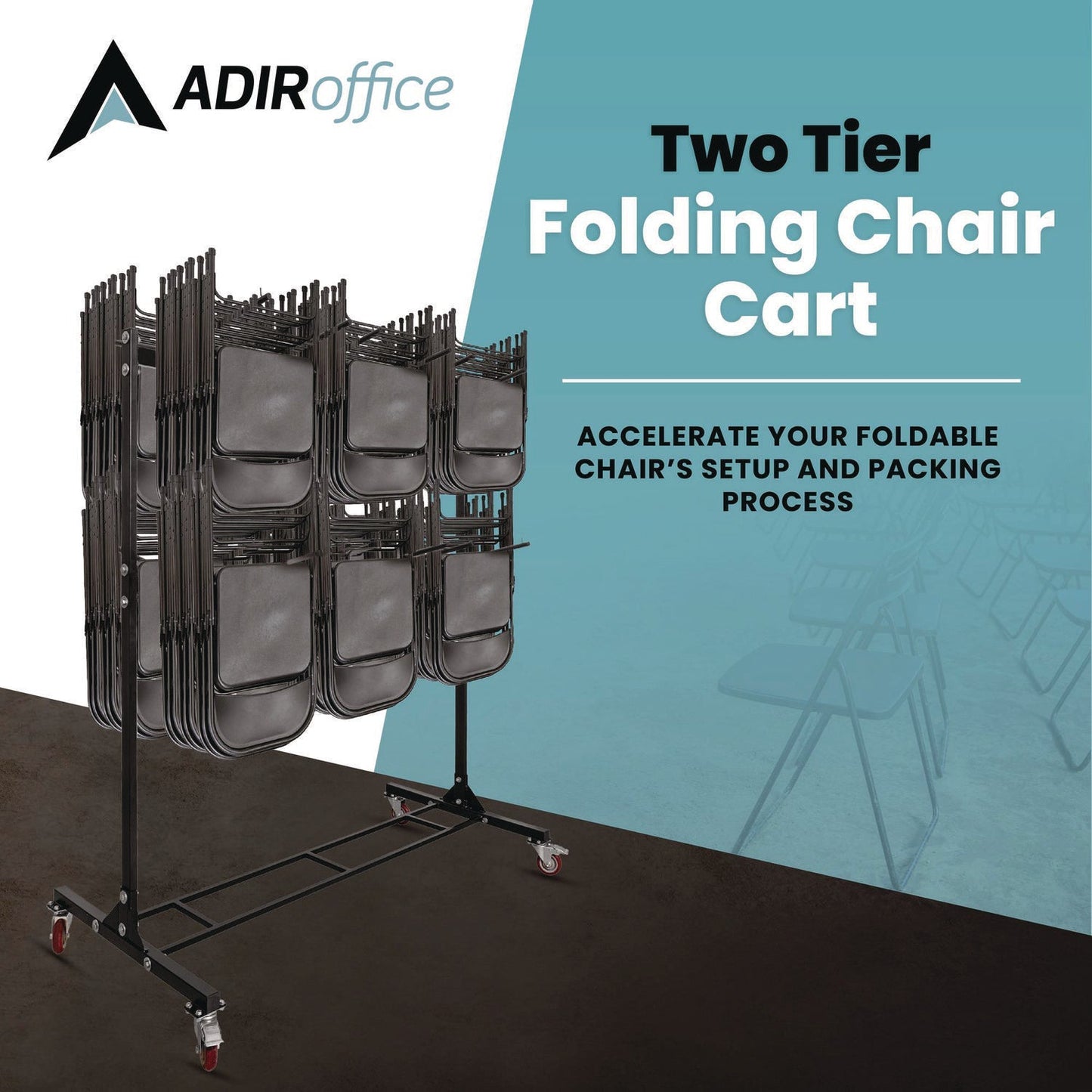 AdirOffice Steel Folding Chair Two-Tier Utility Cart, Metal, 1,000 lb Capacity, 33 x 65 x 68.5, Black