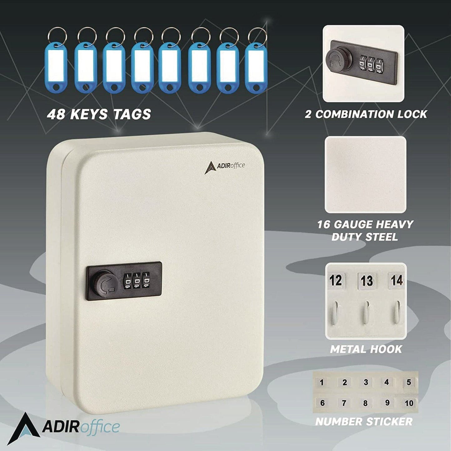 AdirOffice Steel Heavy-Duty Key Cabinet with Combination Lock, 30-Key, 6.4 x 3 x 8, Stainless Steel 304, White