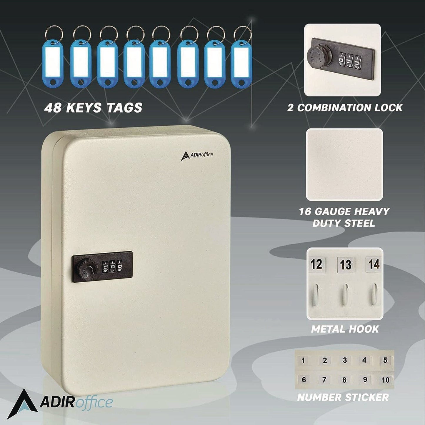 AdirOffice Steel Heavy-Duty Key Cabinet with Combination Lock, 48-Key, 7.1 x 3 x 10, Stainless Steel 304, White