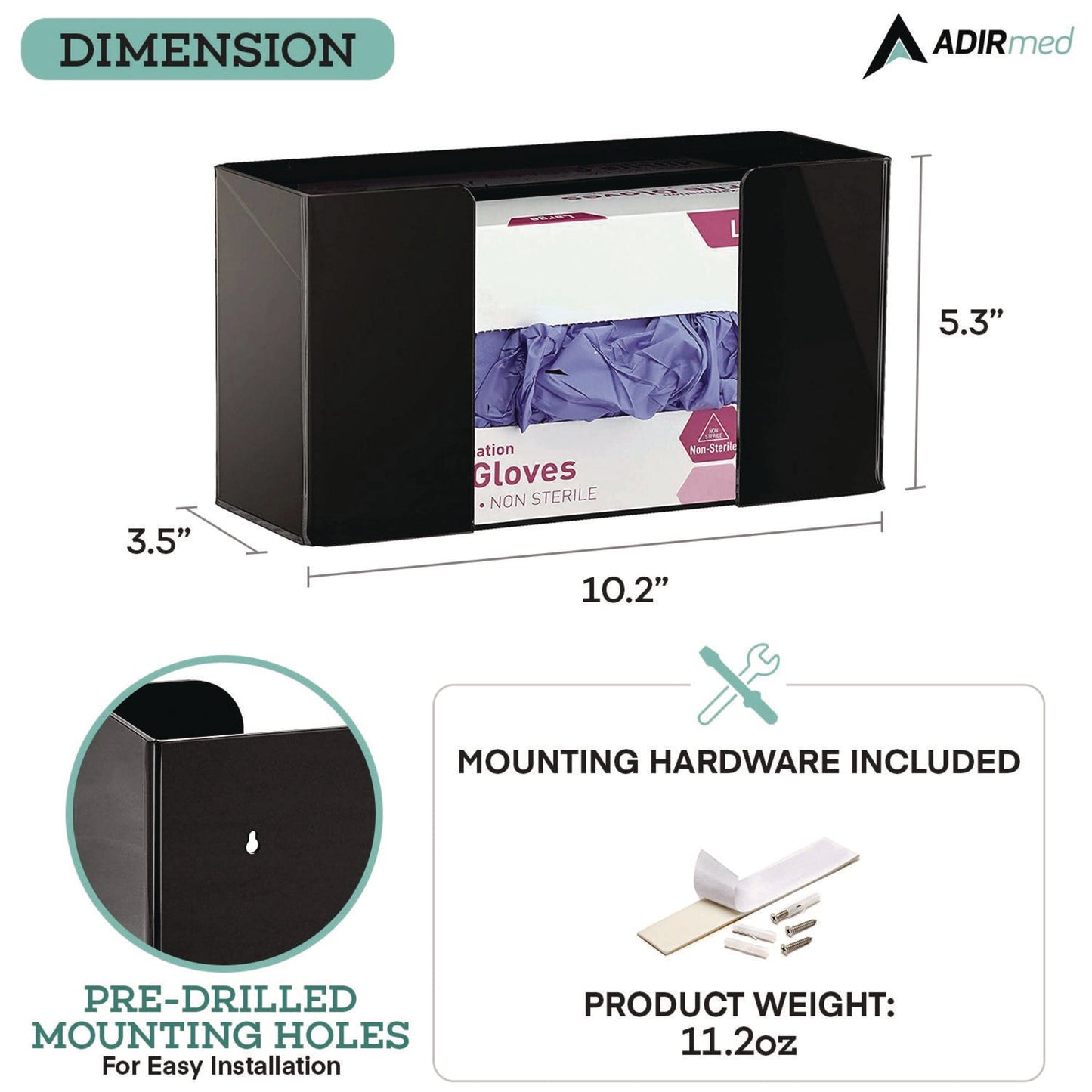 AdirMed Acrylic Glove Dispenser, Single Box Capacity, 10.2 x 3.5 x 5.3, Black