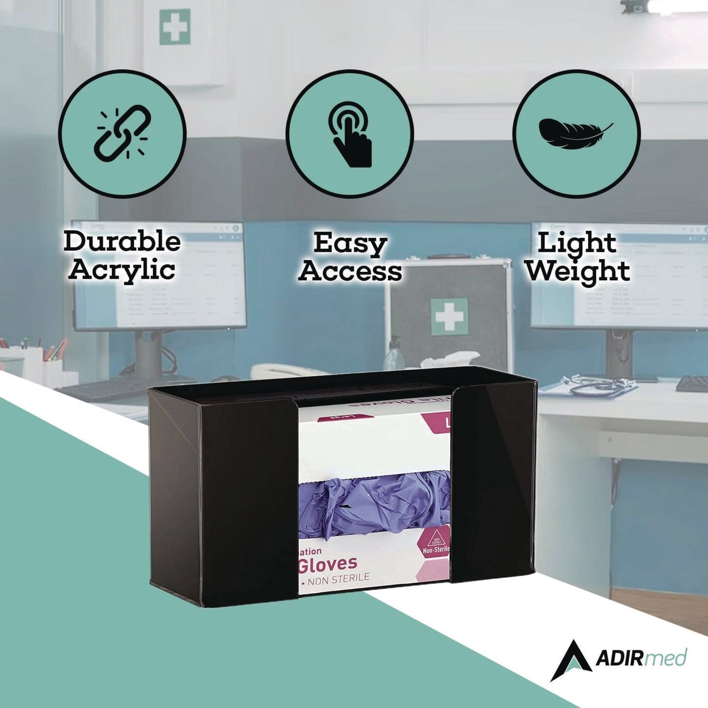 AdirMed Acrylic Glove Dispenser, Single Box Capacity, 10.2 x 3.5 x 5.3, Black