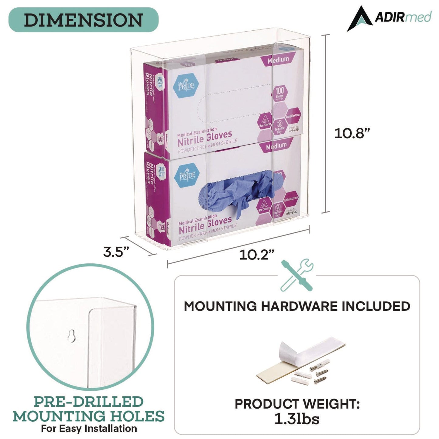 AdirMed Acrylic Glove Dispenser, Double Box Capacity, 10.2 x 3.5 x 10.8, Clear
