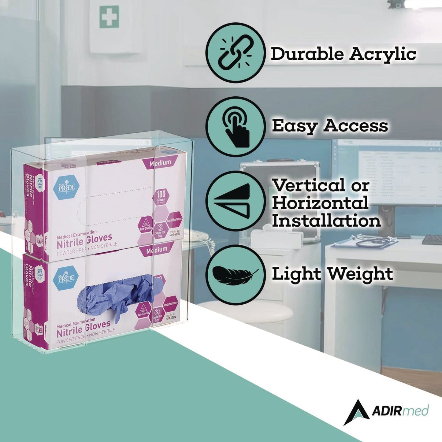 AdirMed Acrylic Glove Dispenser, Double Box Capacity, 10.2 x 3.5 x 10.8, Clear