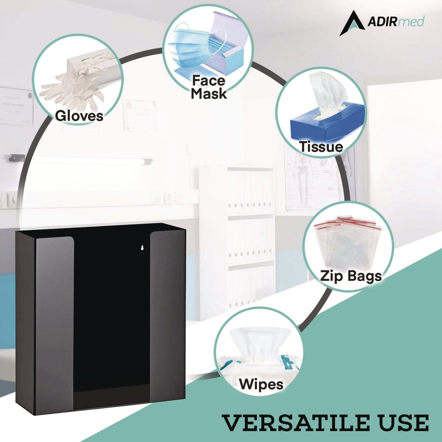 AdirMed Acrylic Glove Dispenser, Double Box Capacity, 10.2 x 3.5 x 10.8, Black