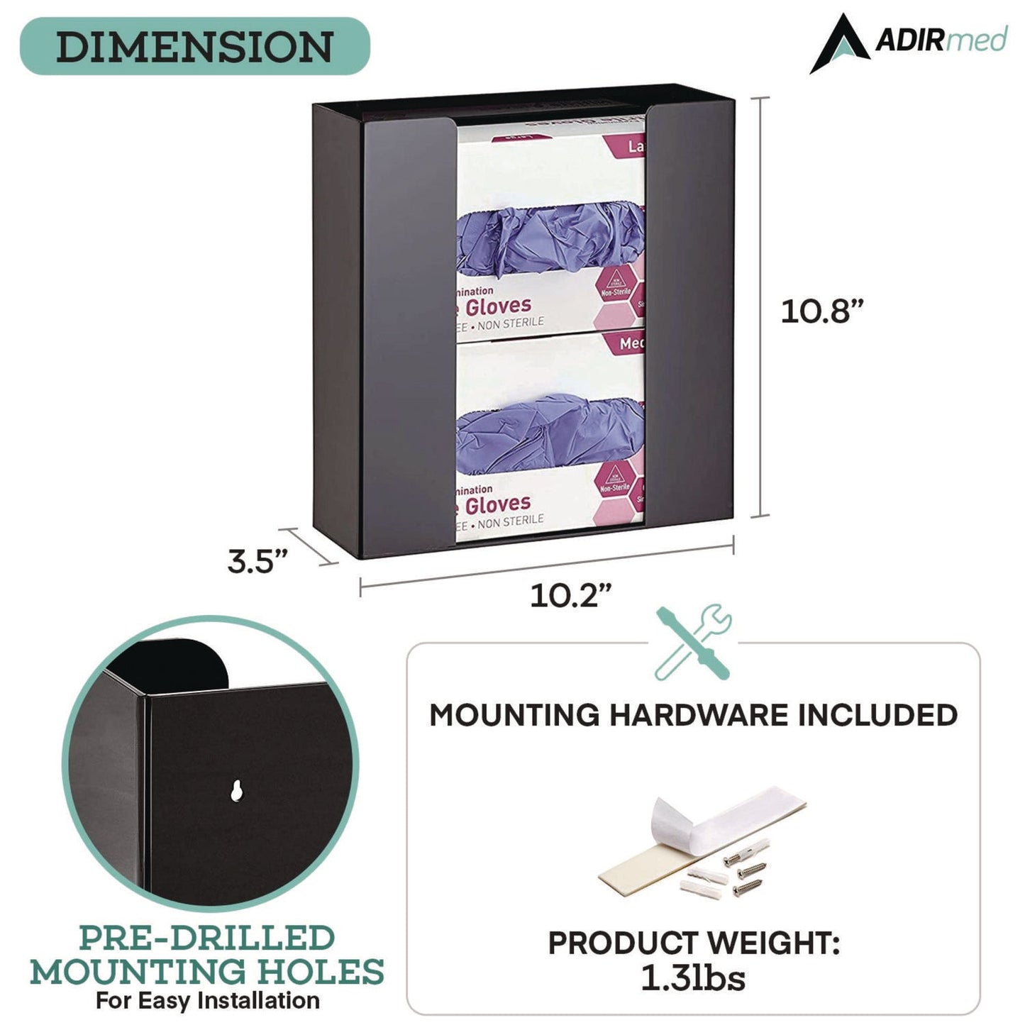 AdirMed Acrylic Glove Dispenser, Double Box Capacity, 10.2 x 3.5 x 10.8, Black