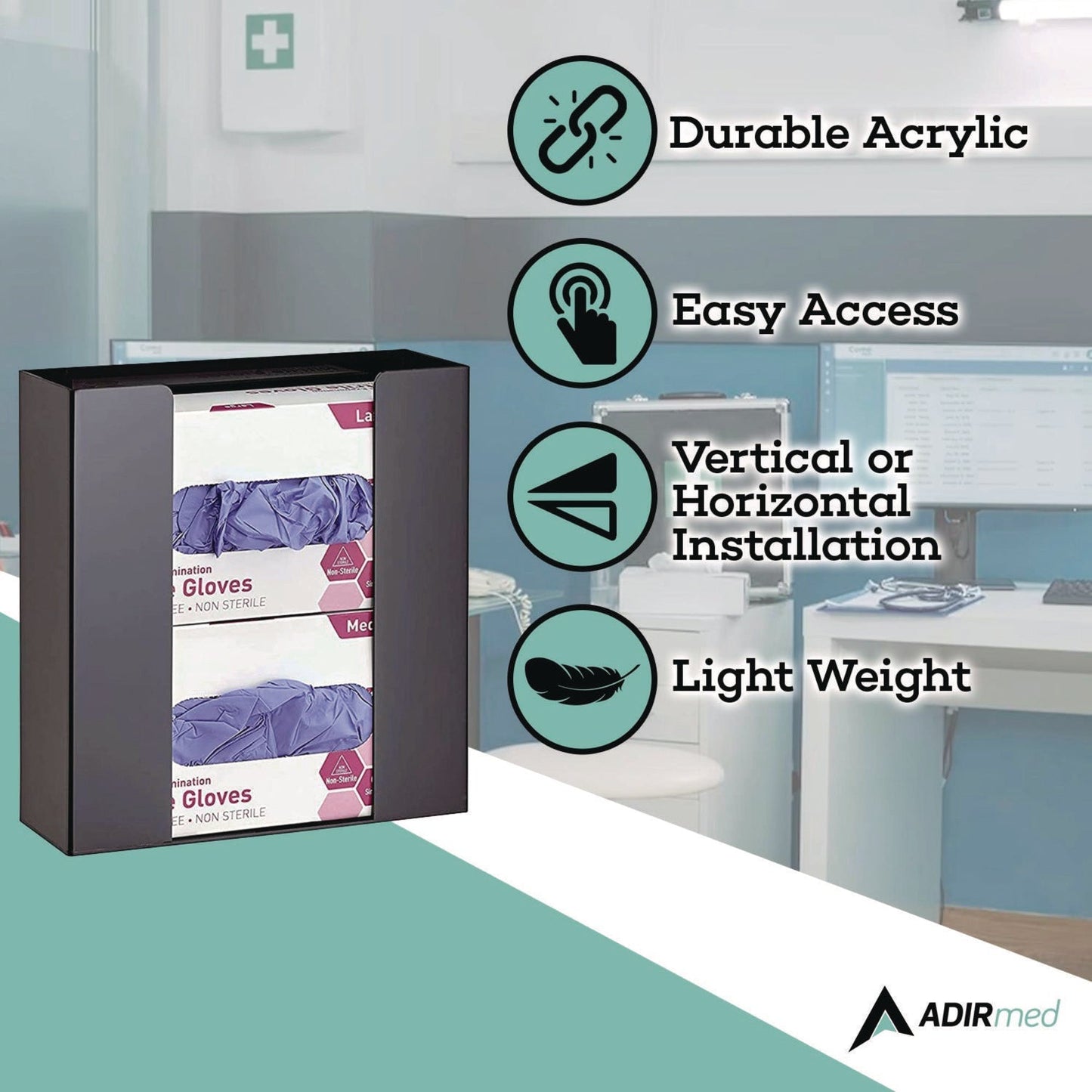 AdirMed Acrylic Glove Dispenser, Double Box Capacity, 10.2 x 3.5 x 10.8, Black