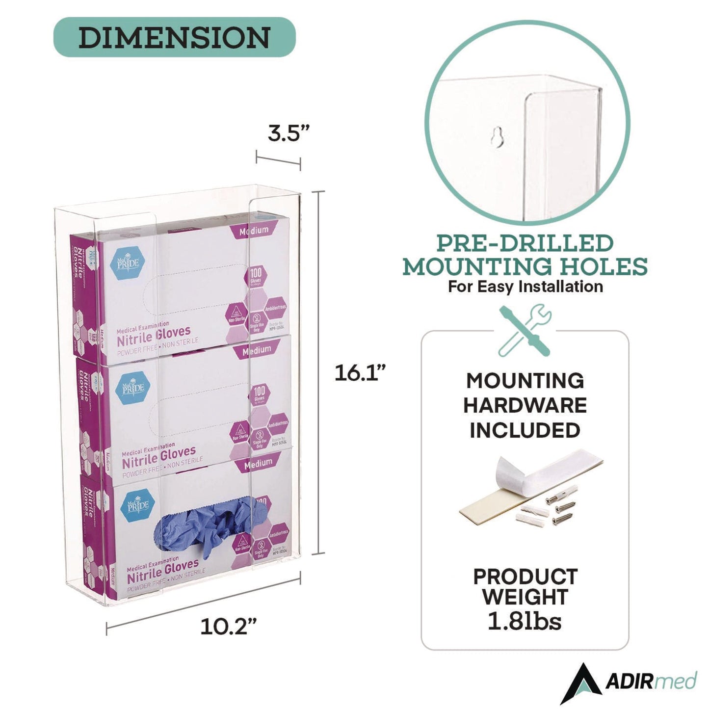 AdirMed Acrylic Glove Dispenser, Triple Box Capacity, 10.2 x 3.5 x 16.1, Clear