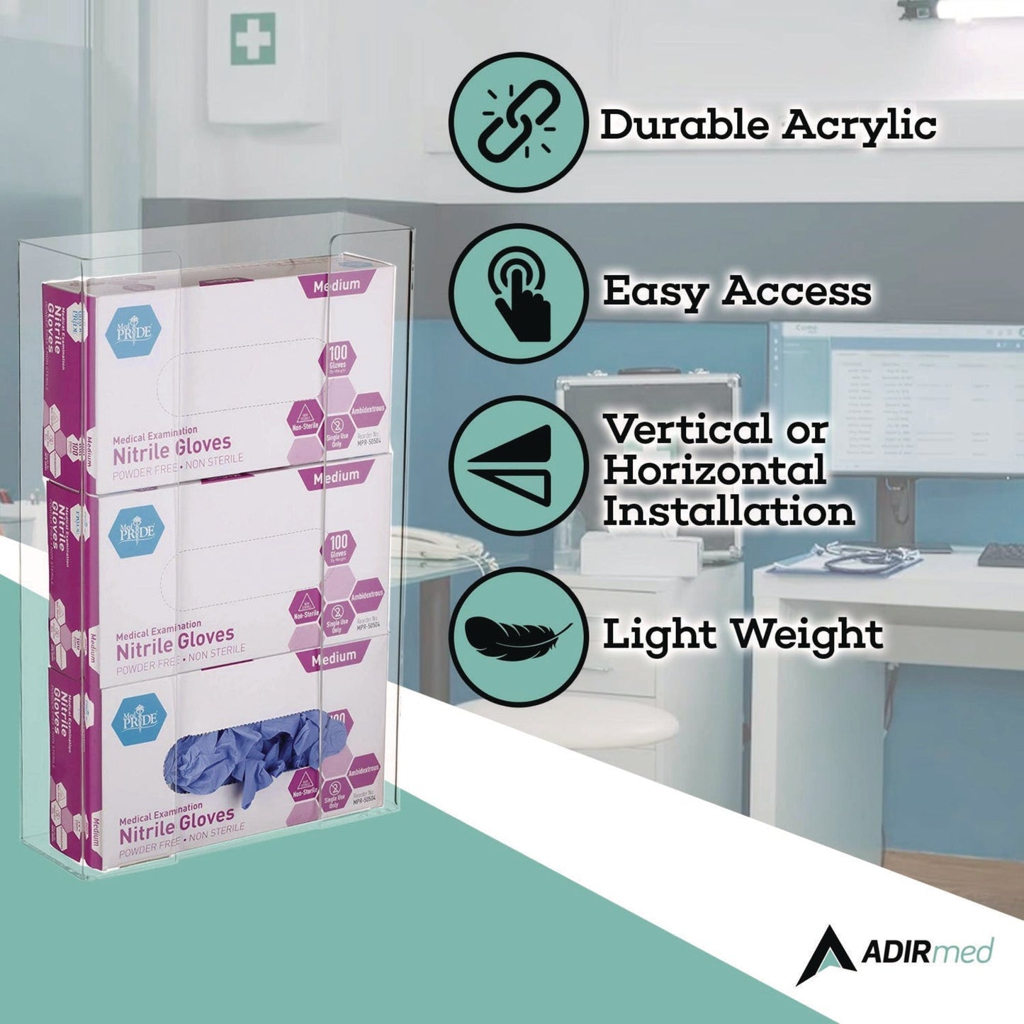 AdirMed Acrylic Glove Dispenser, Triple Box Capacity, 10.2 x 3.5 x 16.1, Clear