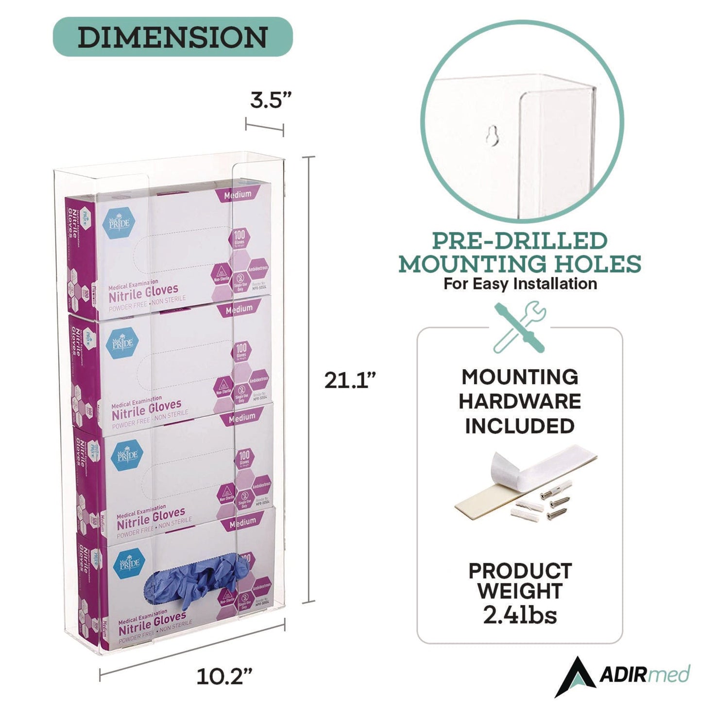 AdirMed Acrylic Glove Dispenser, Quad Box Capacity, 10.2 x 3.5 x 21.1, Clear