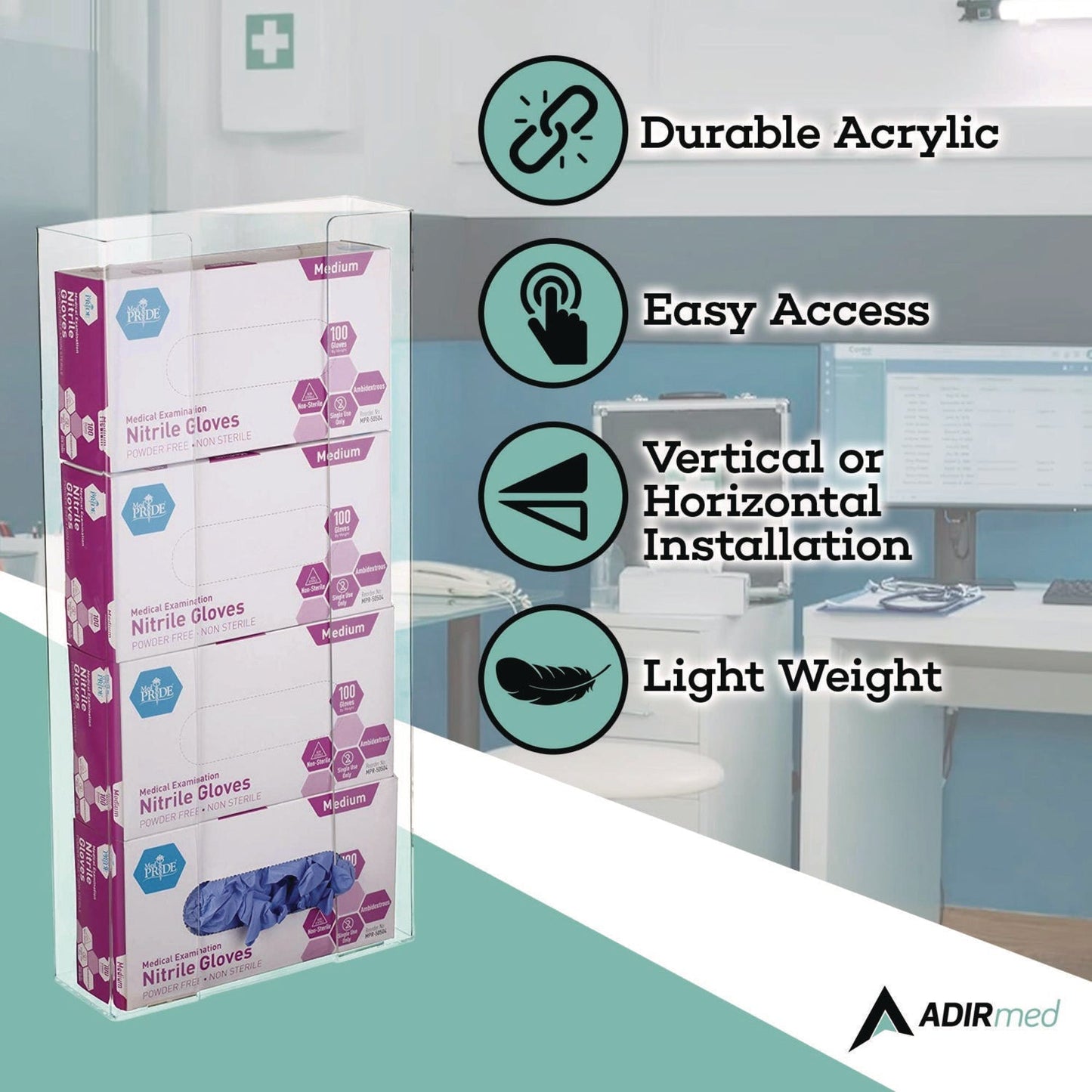AdirMed Acrylic Glove Dispenser, Quad Box Capacity, 10.2 x 3.5 x 21.1, Clear