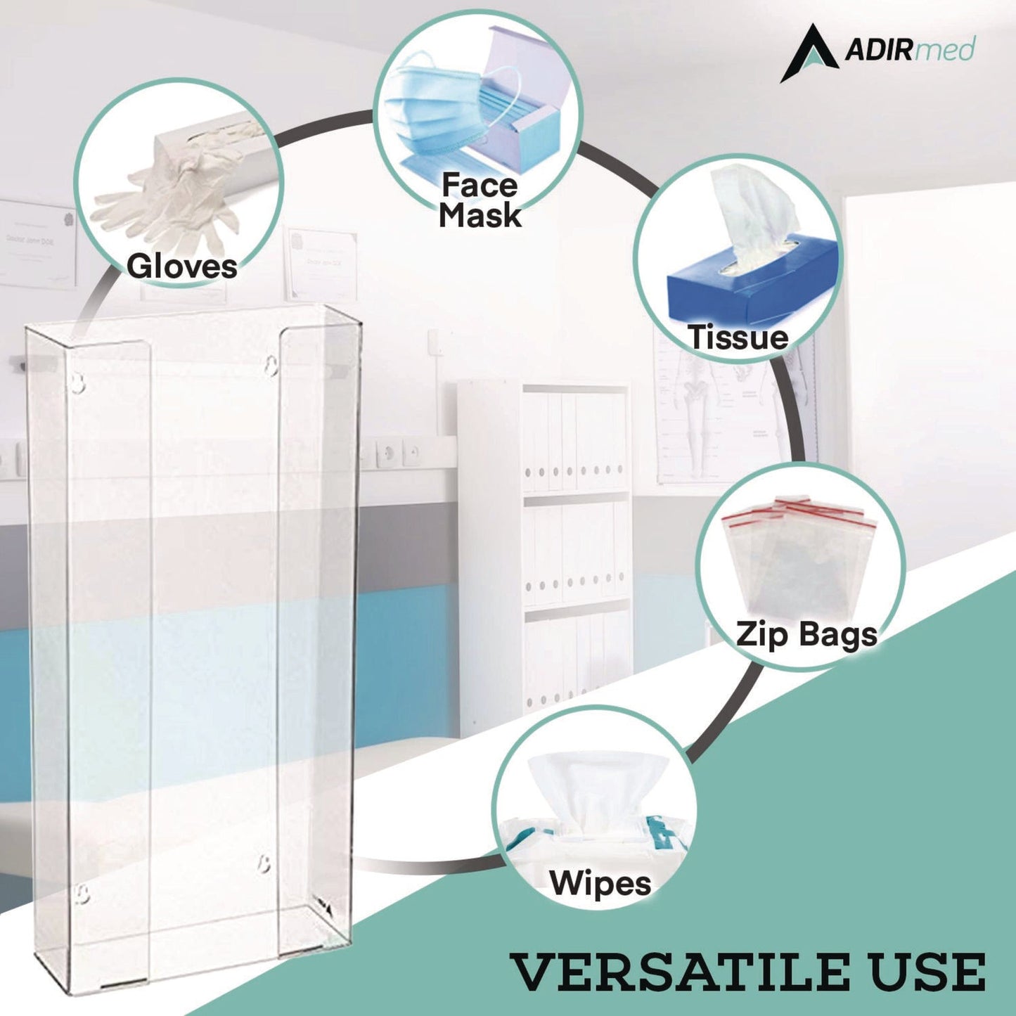 AdirMed Acrylic Glove Dispenser, Quad Box Capacity, 10.2 x 3.5 x 21.1, Clear