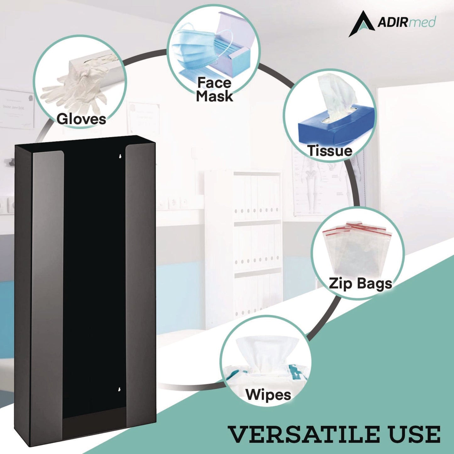 AdirMed Acrylic Glove Dispenser, Quad Box Capacity, 10.2 x 3.5 x 21.1, Black