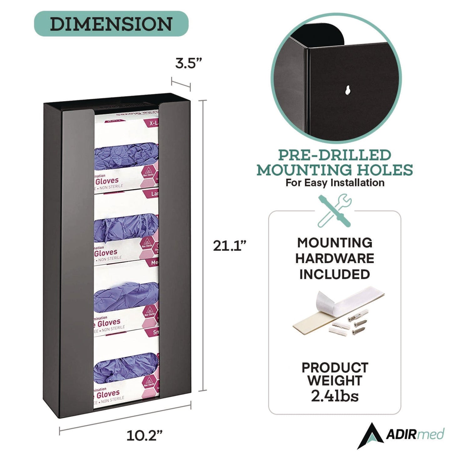 AdirMed Acrylic Glove Dispenser, Quad Box Capacity, 10.2 x 3.5 x 21.1, Black