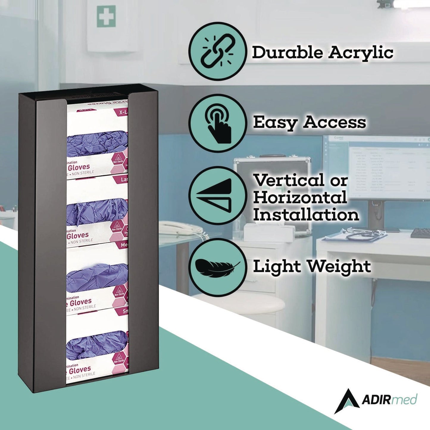 AdirMed Acrylic Glove Dispenser, Quad Box Capacity, 10.2 x 3.5 x 21.1, Black