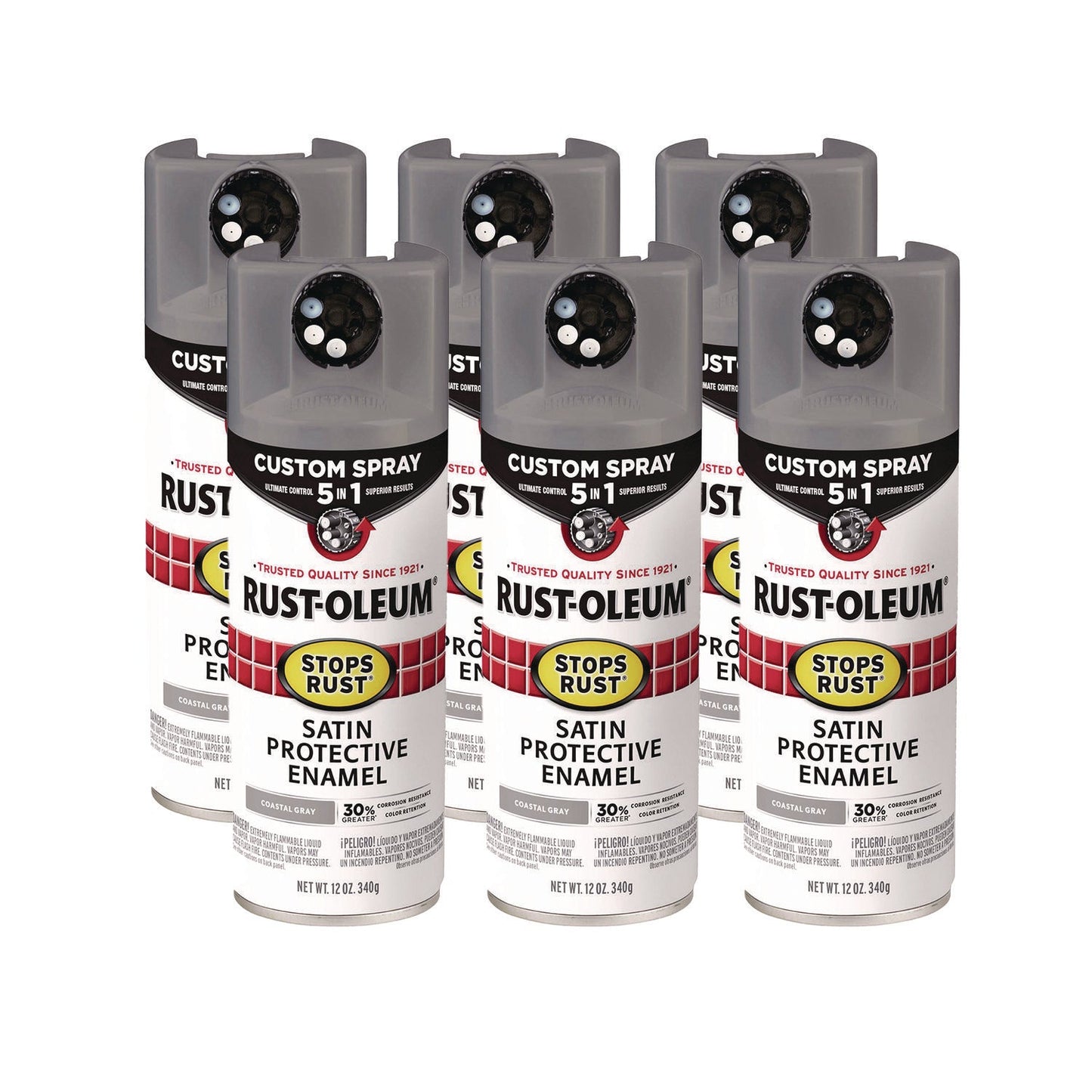 Rust-Oleum® Stops Rust 5-in-1 Spray Paint, Satin Coastal Gray, 12 oz Aerosol Can, 6/Carton