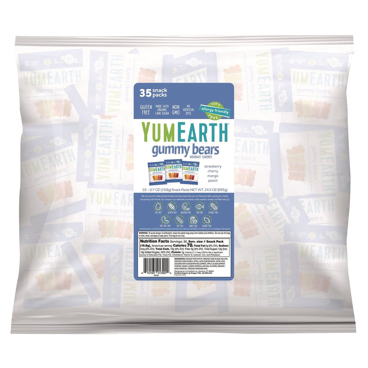 YumEarth Gummy Bears, Assorted Flavors, 0.7oz Bag, 35/Carton