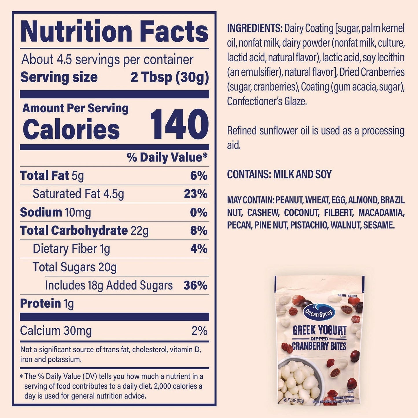 Ocean Spray® Greek Yogurt Dipped Cranberry Bites, Cranberry/Yogurt, 5 oz Bag, 12/Carton
