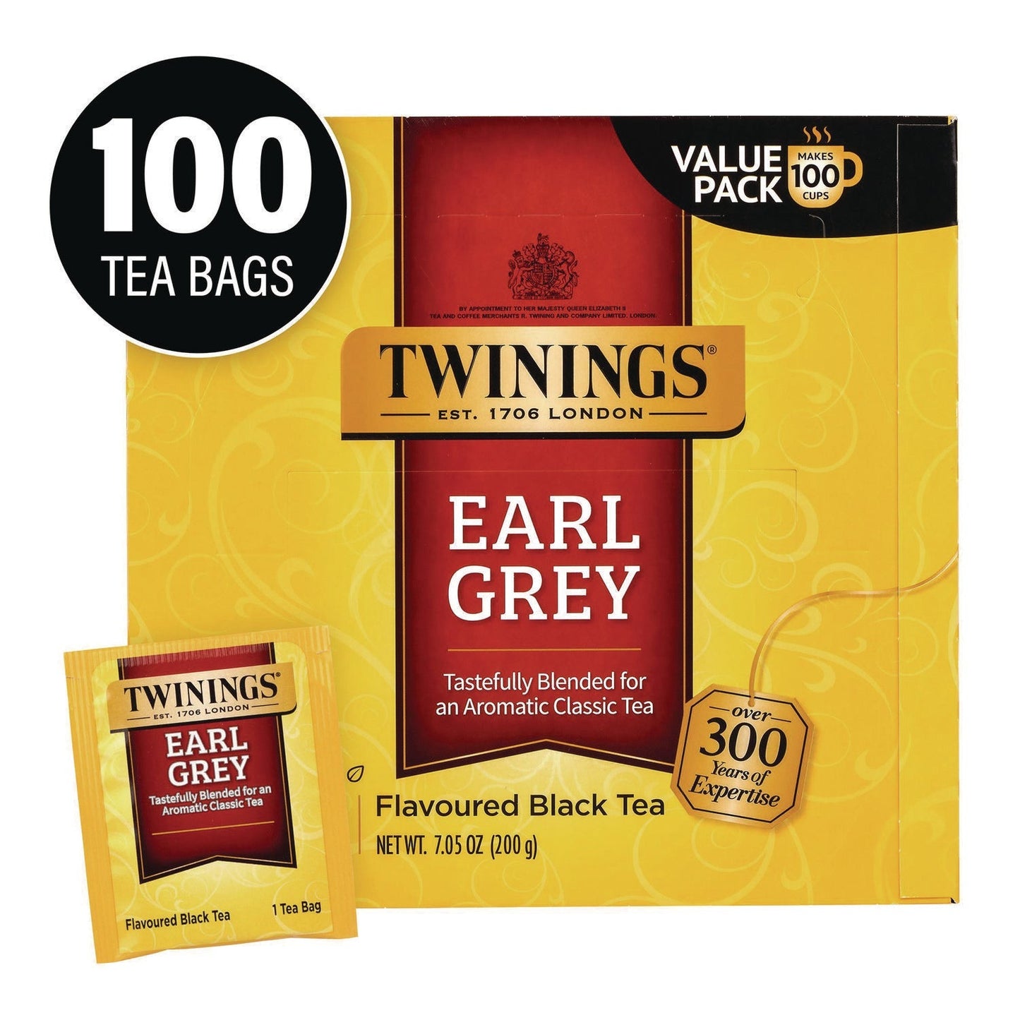 TWININGS® Tea Bags, Earl Grey, Individually Wrapped, 100/Carton