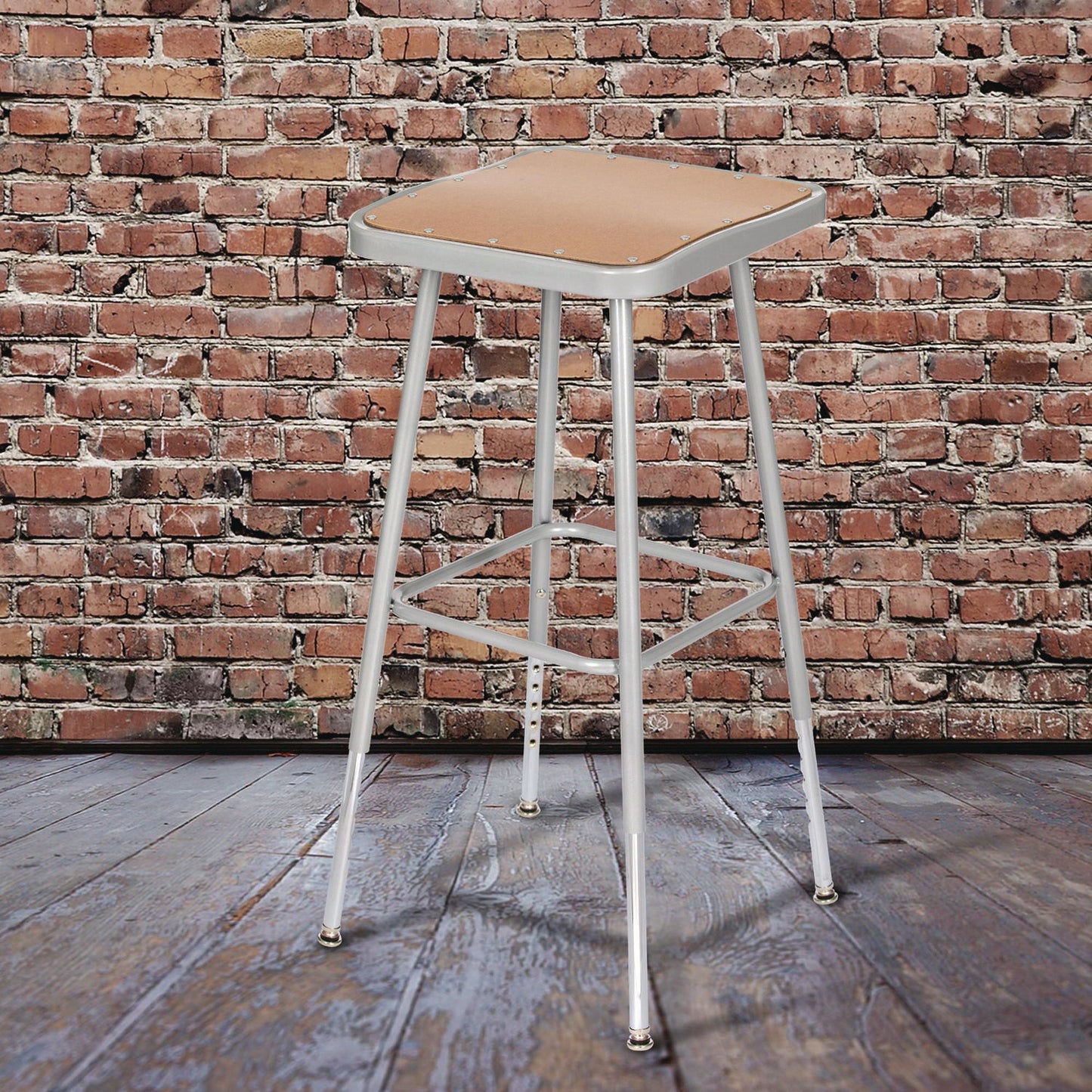 NPS® 6300 Series Height Adjust Heavy Duty Square Seat Steel Stool, Backless, 500lb, 23.75" to 31.75" Height, Brown Seat, Gray Base