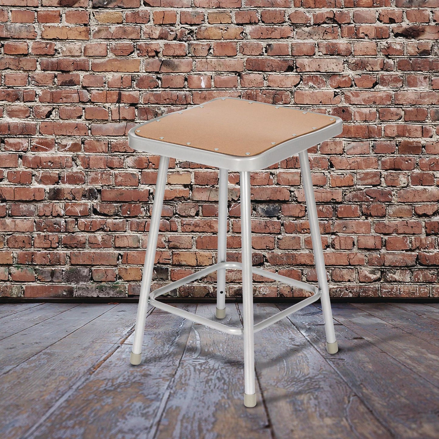 NPS® 6300 Series Heavy Duty Square Seat Steel Stool, Backless, Supports Up to 500 lb, 23.25" Seat Height, Brown Seat, Gray Base