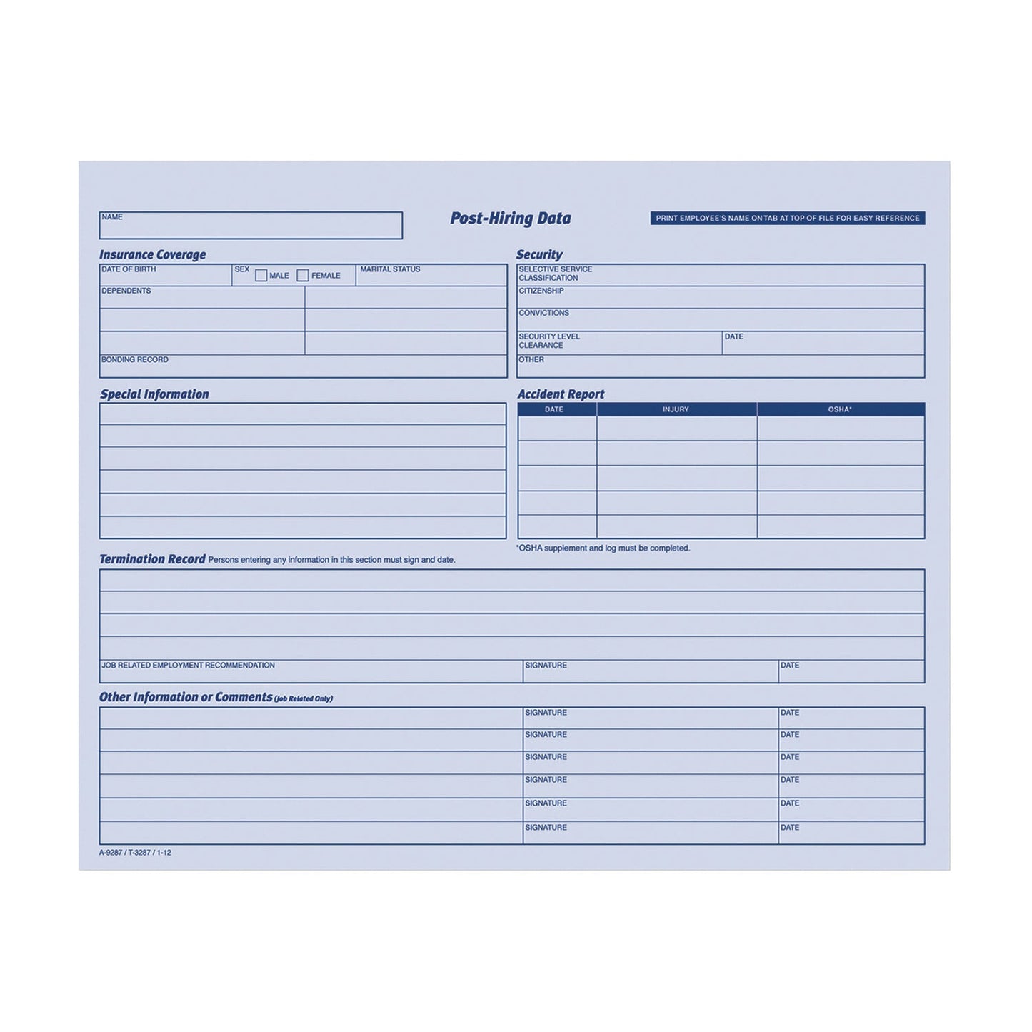 Adams® Employee Personnel File Jacket, Unpunched, Straight Tab, Letter Size, Blue, 20/Pack