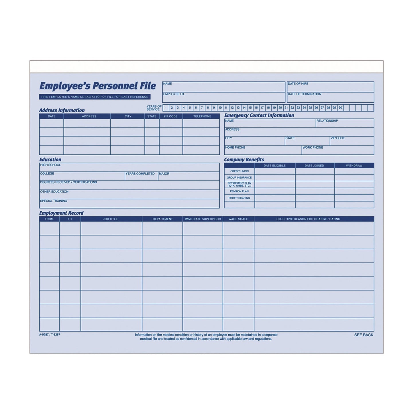 Adams® Employee Personnel File Jacket, Unpunched, Straight Tab, Letter Size, Blue, 20/Pack