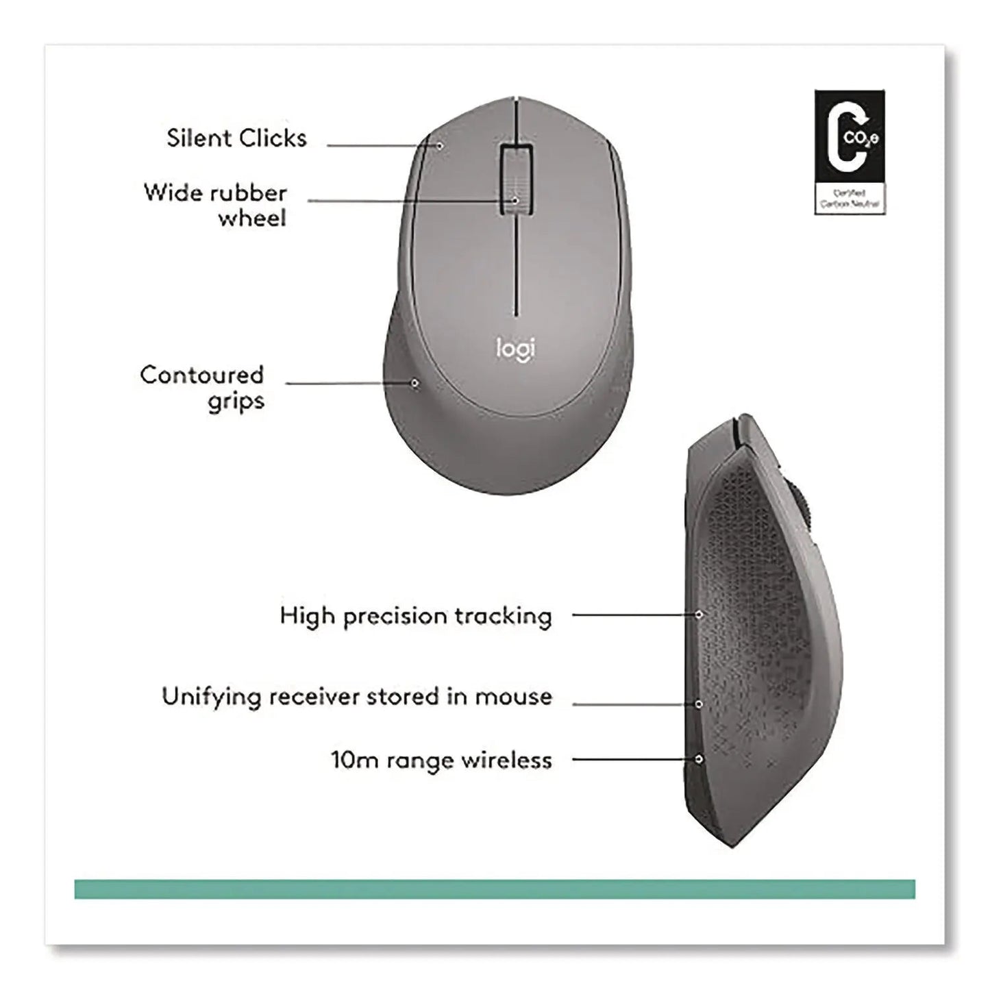 Logitech® M330 SILENT PLUS MOUSE, 2.4 GHZ FREQUENCY/33 FT WIRELESS RANGE, RIGHT HAND USE, GRAY