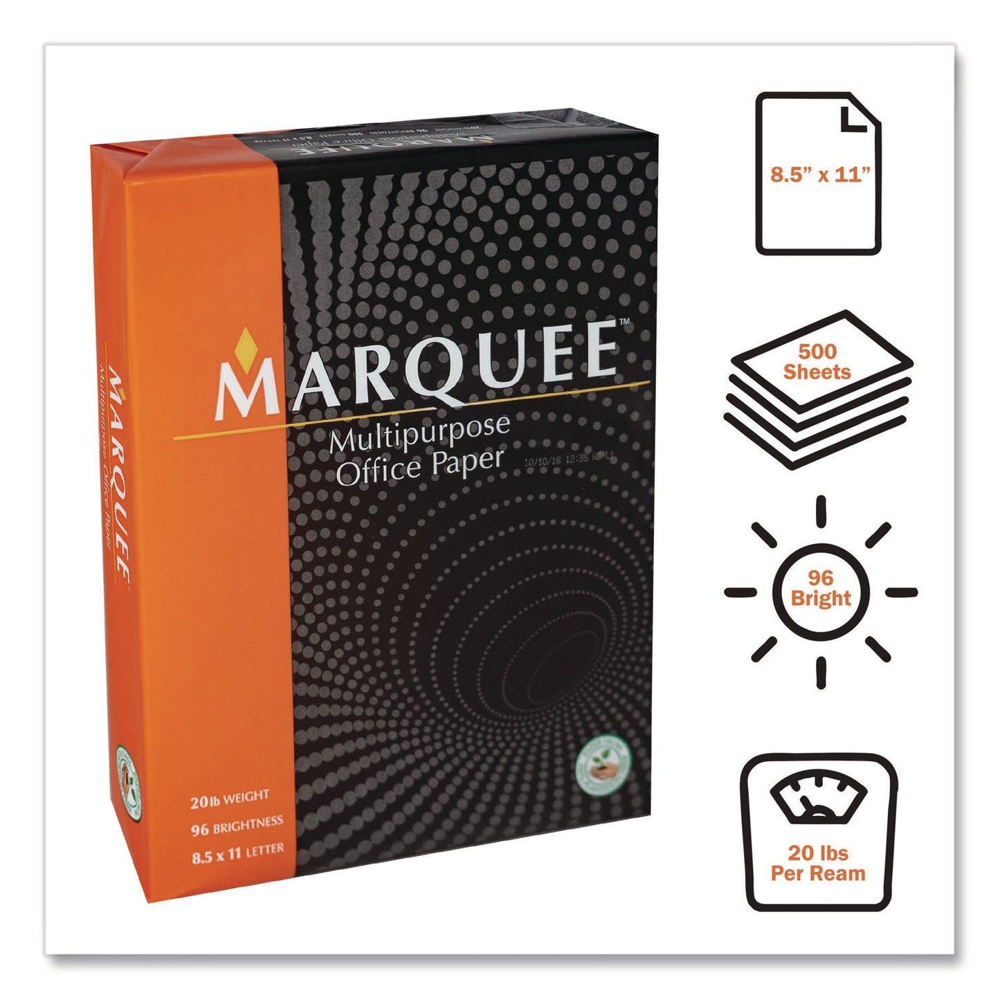 Marquee Multipurpose Office Paper, 96 Bright, 20 lb Bond Weight, 8.5 x 11, White, 500 Sheets/Ream, 10 Reams/Carton, 40 Cartons/Pallet